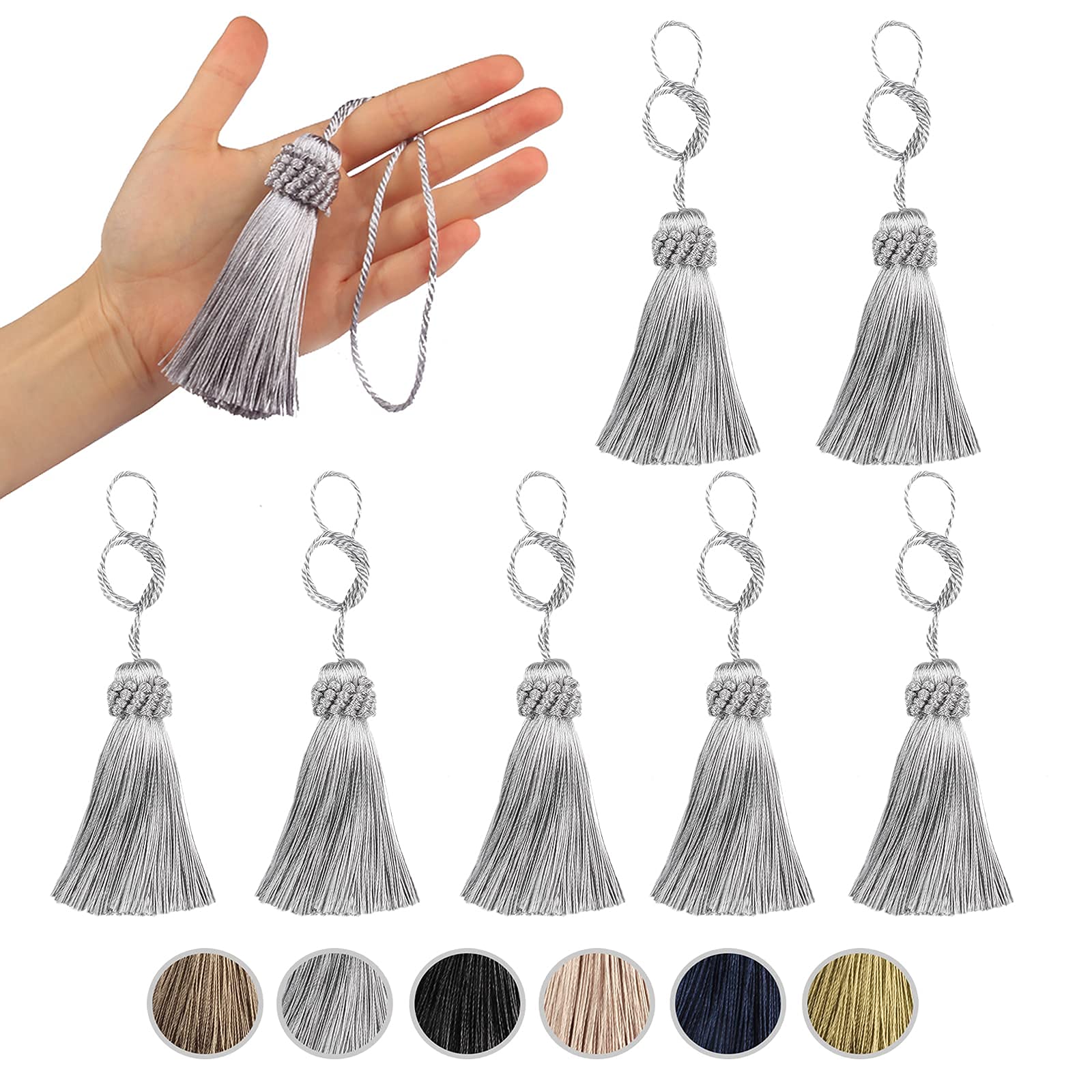 Fenghuangwu Set van 8 elegante polyester kwastjes kleurrijke ambachtelijke kwastjes bedels sleutel kwastje doe-het-zelf accessoires (zilver