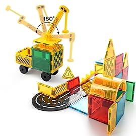 NEOFORMERS Magnetic Tiles Car Set Truck Kit Toy with Stronger Magnets, Educational Magnet Cars with Re-Enforced Hitch and Long Bed for Girls Boys Toddler Ages 3+ (50 PCS Builder)