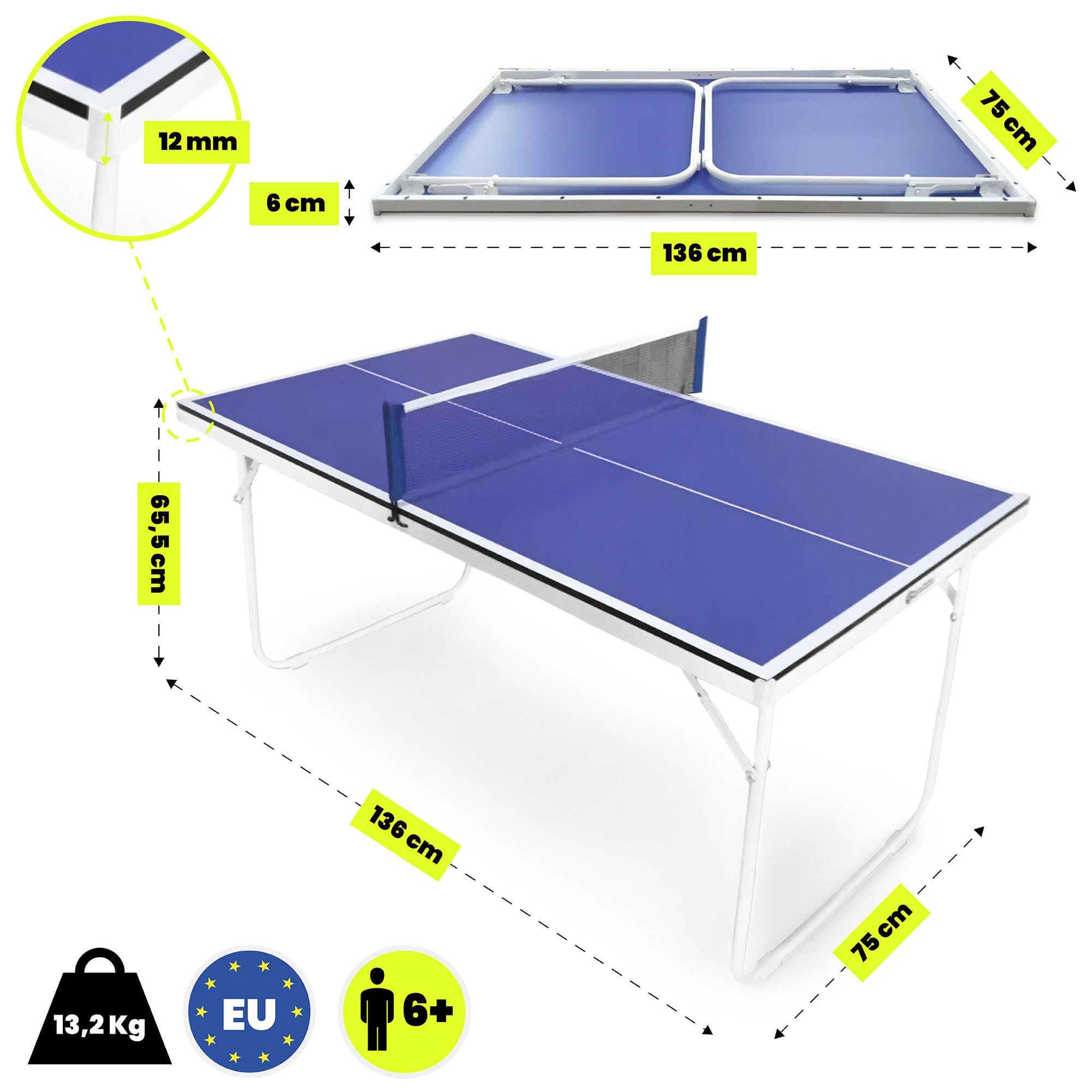 HyperMotion Mesa de Ping Pong Plegable para Casa, Mesa Compacta de Tenis de Mesa Indoor para Juego Recreativo, Diseño Ahorra Espacio con Red, 2 Palas y Pelotas, Mesa Familiar para Niños y Adultos