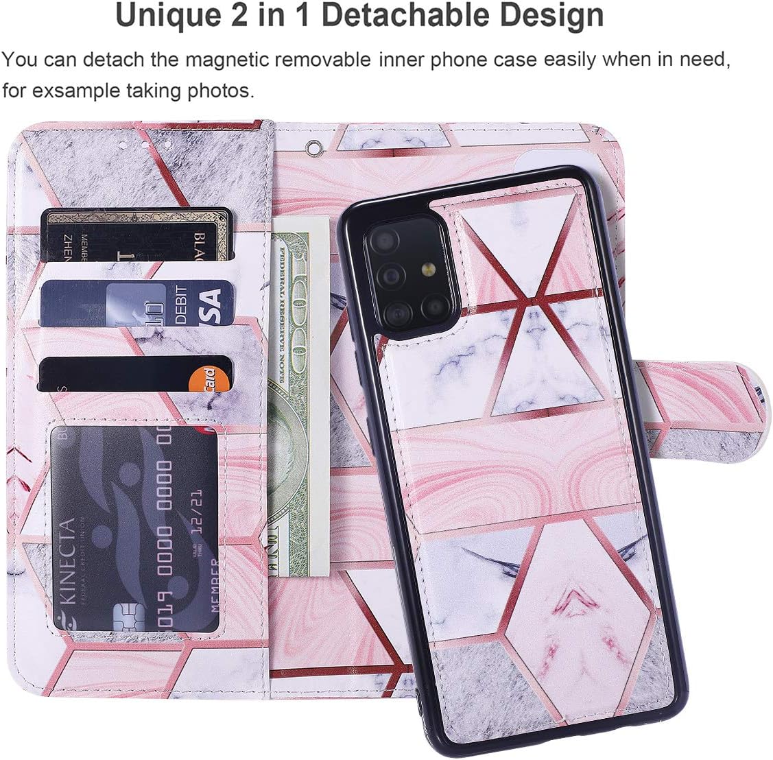 QLTYPRI Samsung Galaxy A51 Case, [Detachable] Magnetic Wallet Case PU Leather TPU Bumper with Card Holder Kickstand Shockproof Flip Wallet Case for Samsung Galaxy A51 - Marble
