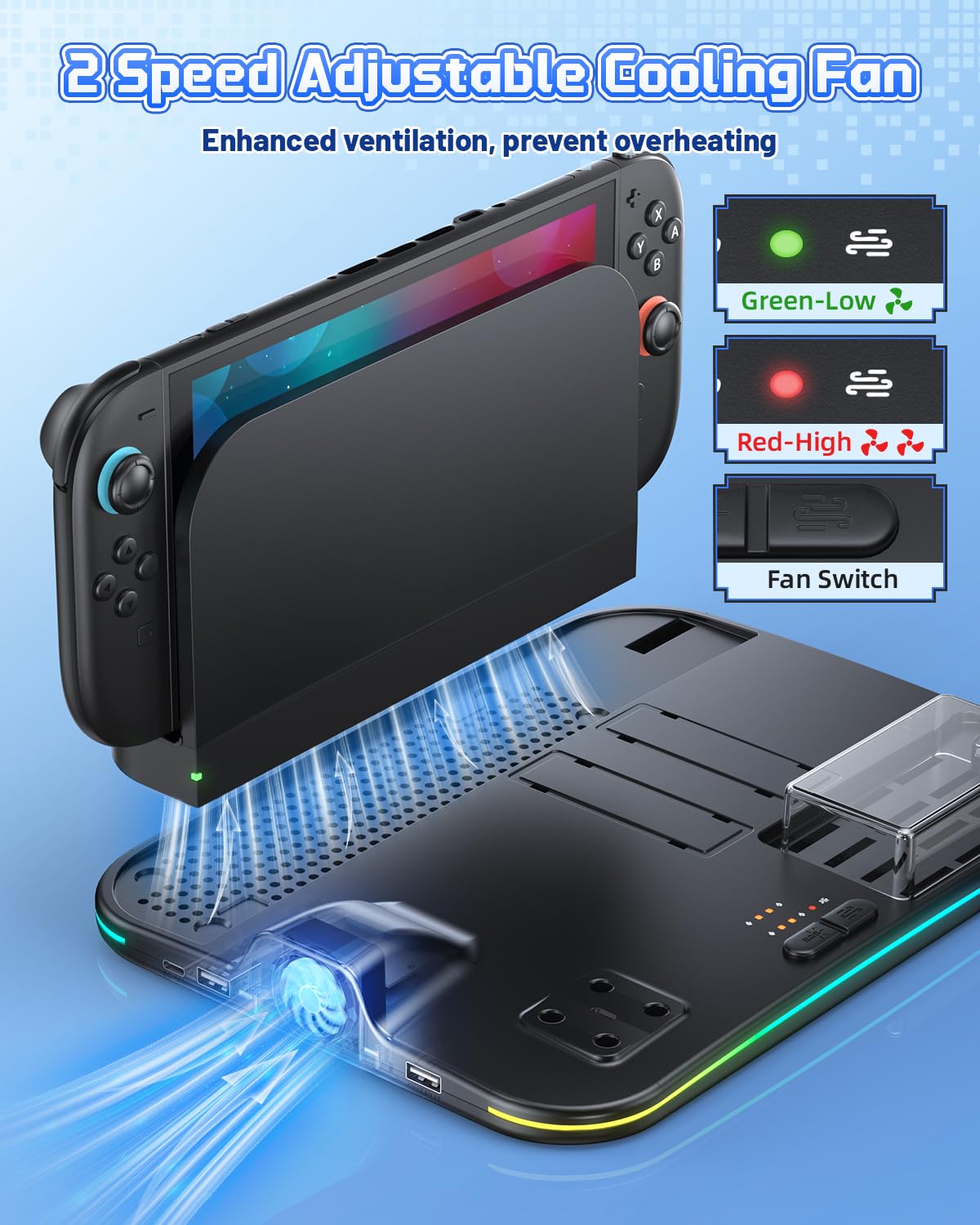 [Compatible Switch 2/1] FASTSNAIL Manette Chargeur pour Nintendo Switch 2/1/OLED pour Joycon, Support Switch 2 avec 9 Modes RVB, Ventilateur, 12 emplacements pour Cartes de Jeu, Support pour Casque