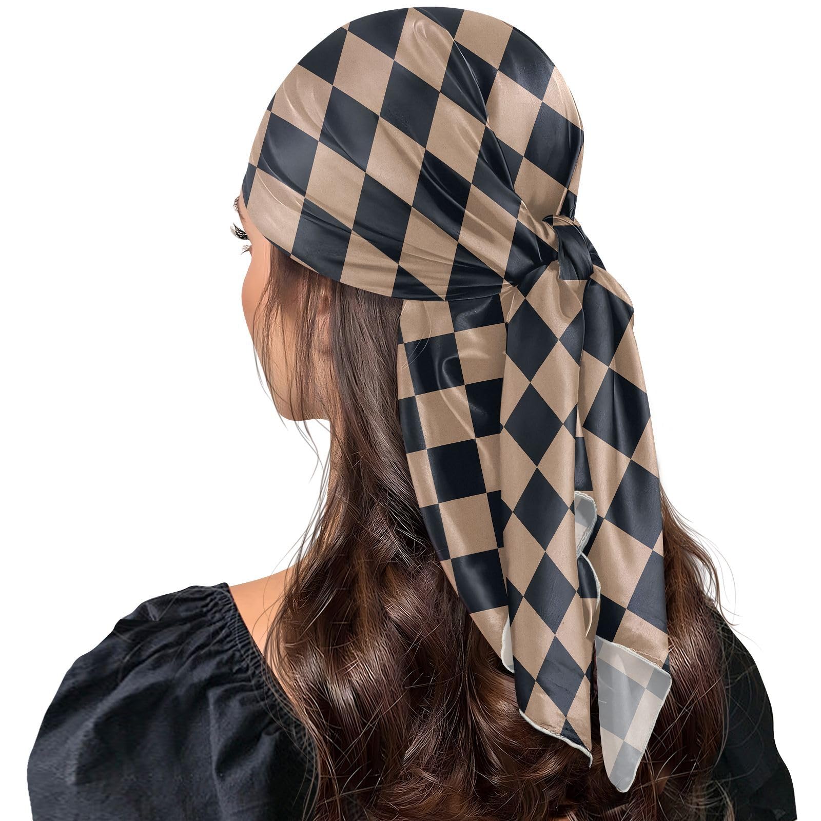 JUNZAN Checker chusta na głowę w kratę dla kobiet włosy jak satynowy szalik do włosów chusta do spania duży kwadratowy 89 cm czerwony pomarańczowy
