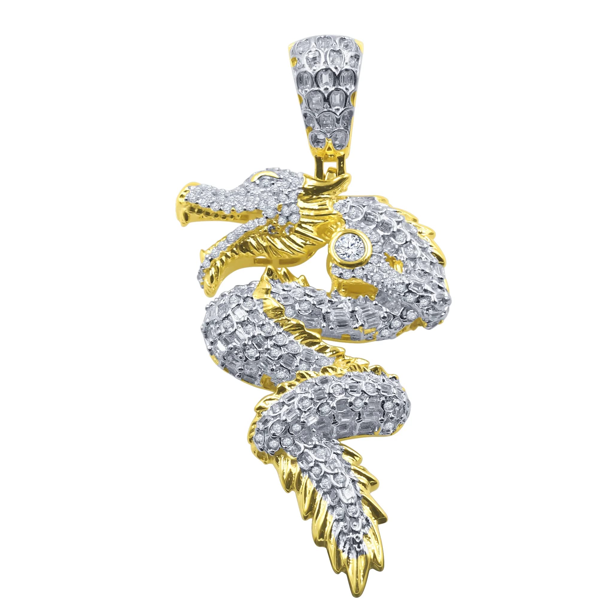 14k Yellow Gold Over Real Sterling Silver Good Luck Dragon Diamond Pendant Chain in Chinese culture, the dragon is the most powerful, fortuitous character, 925 Silver Sterling