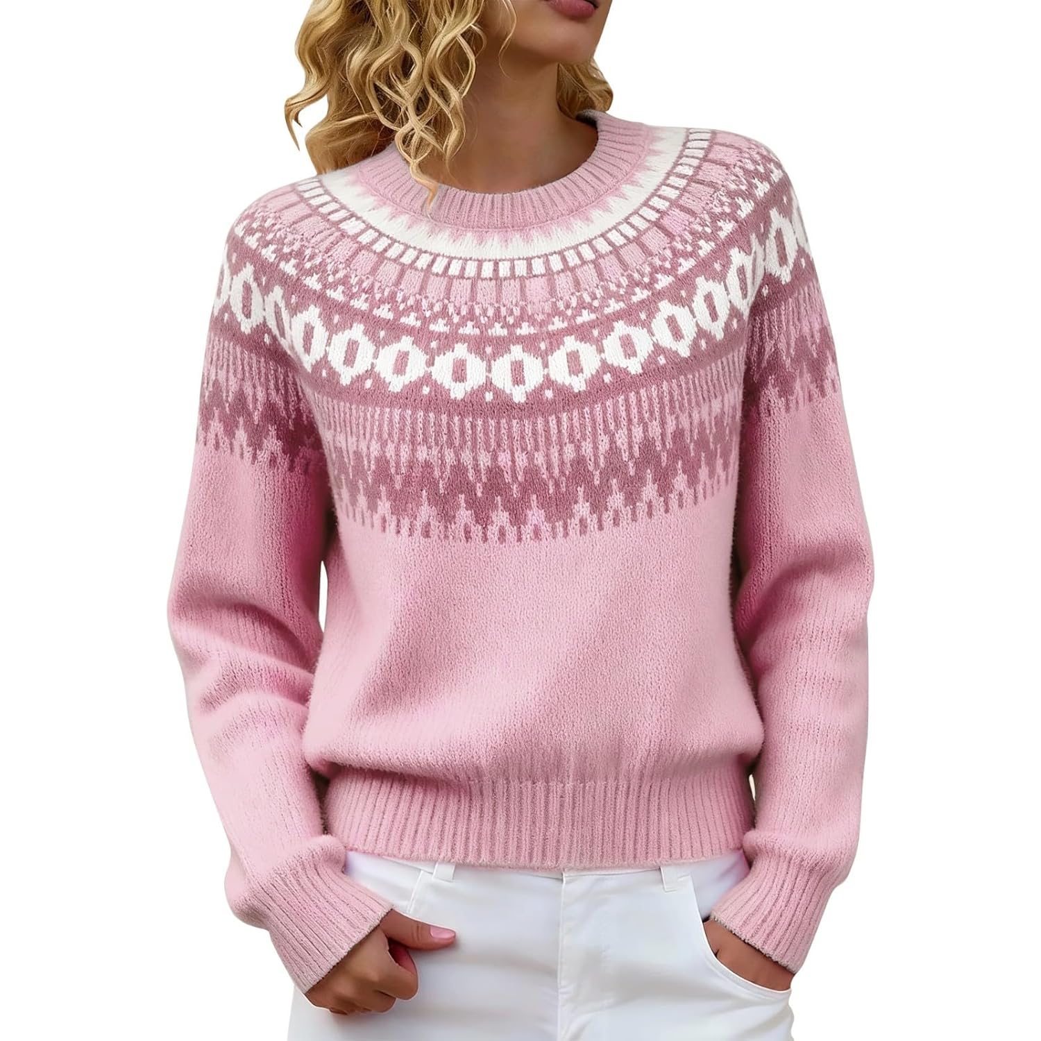 Fair Isle Sweater for Women Cotton Cozy Knit Pullover Boho Argyle Vintage Crewneck Long Sleeve Oversized Sweaters Top