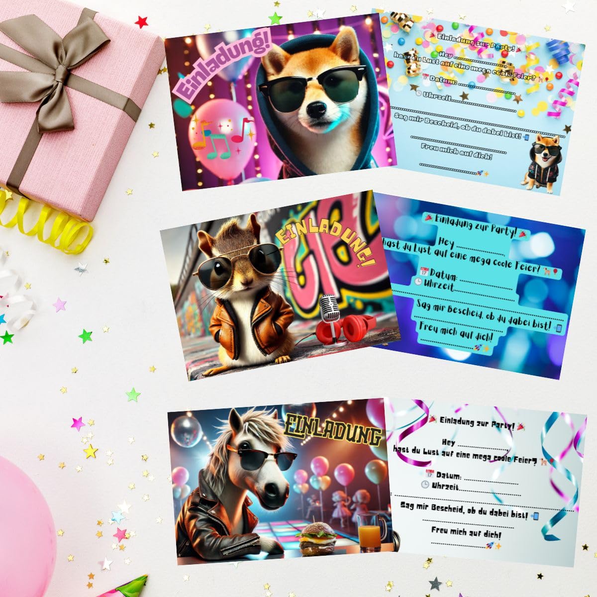 Tarjetas de invitación de cumpleaños infantiles con animales, 10 tarjetas DIN A6, divertidas invitaciones para niños y niñas (ardilla)