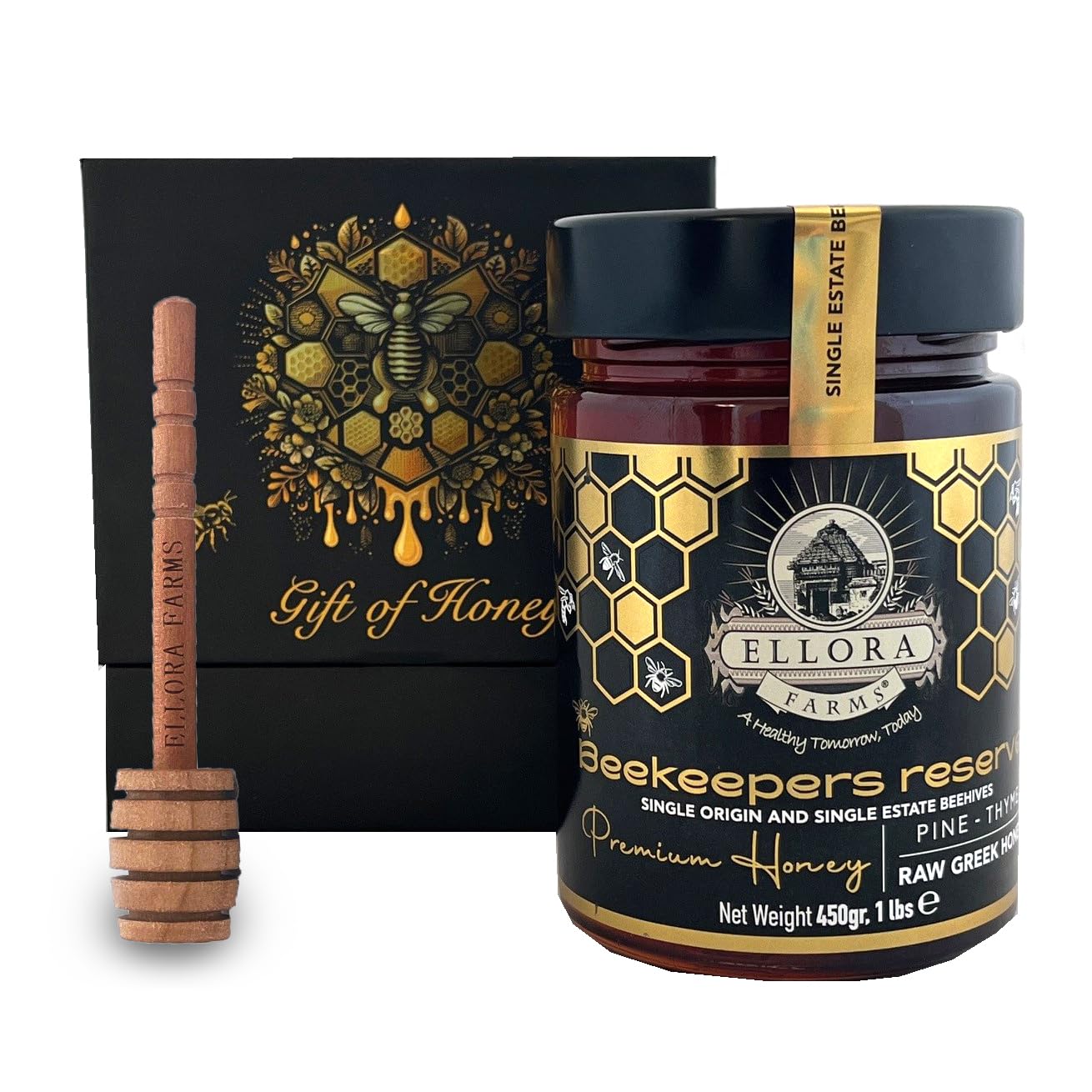 Ellora Farms Greek Honey Single Estate PDO, Pine & Thyme Honey Unfiltered, Beautiful Gift Pack with Dipper, Beekeepers Reserve, Raw & Unfiltered, Gluten Free - 450g (16oz)