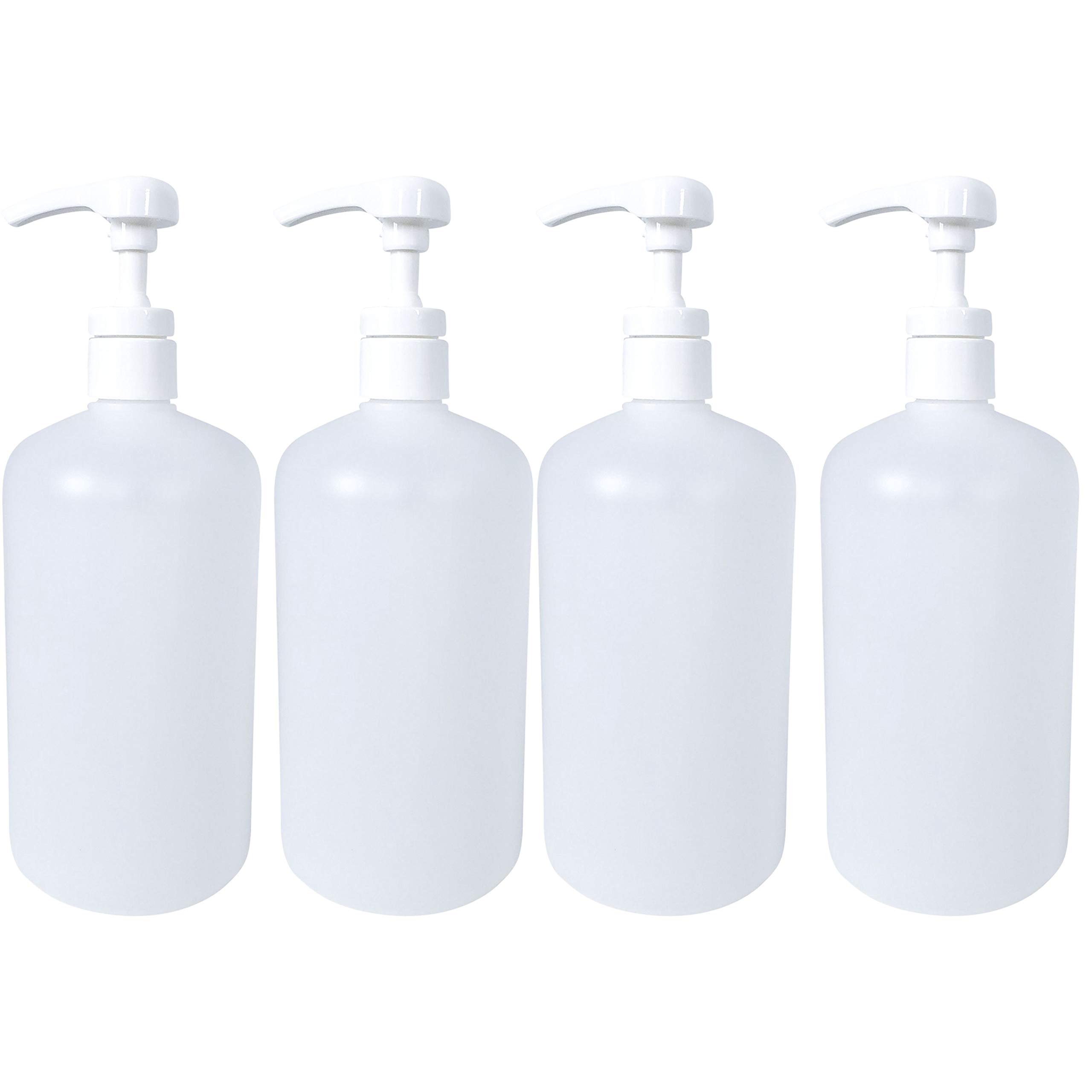 kelkaa 32oz HDPE Plastic Bottles with White Industrial Smooth Lotion Pump for Shampoo, Conditioner, Body Soap, Lotion, Multi-Purpose Empty Refillable Boston Round Bottles (Pack of 4)