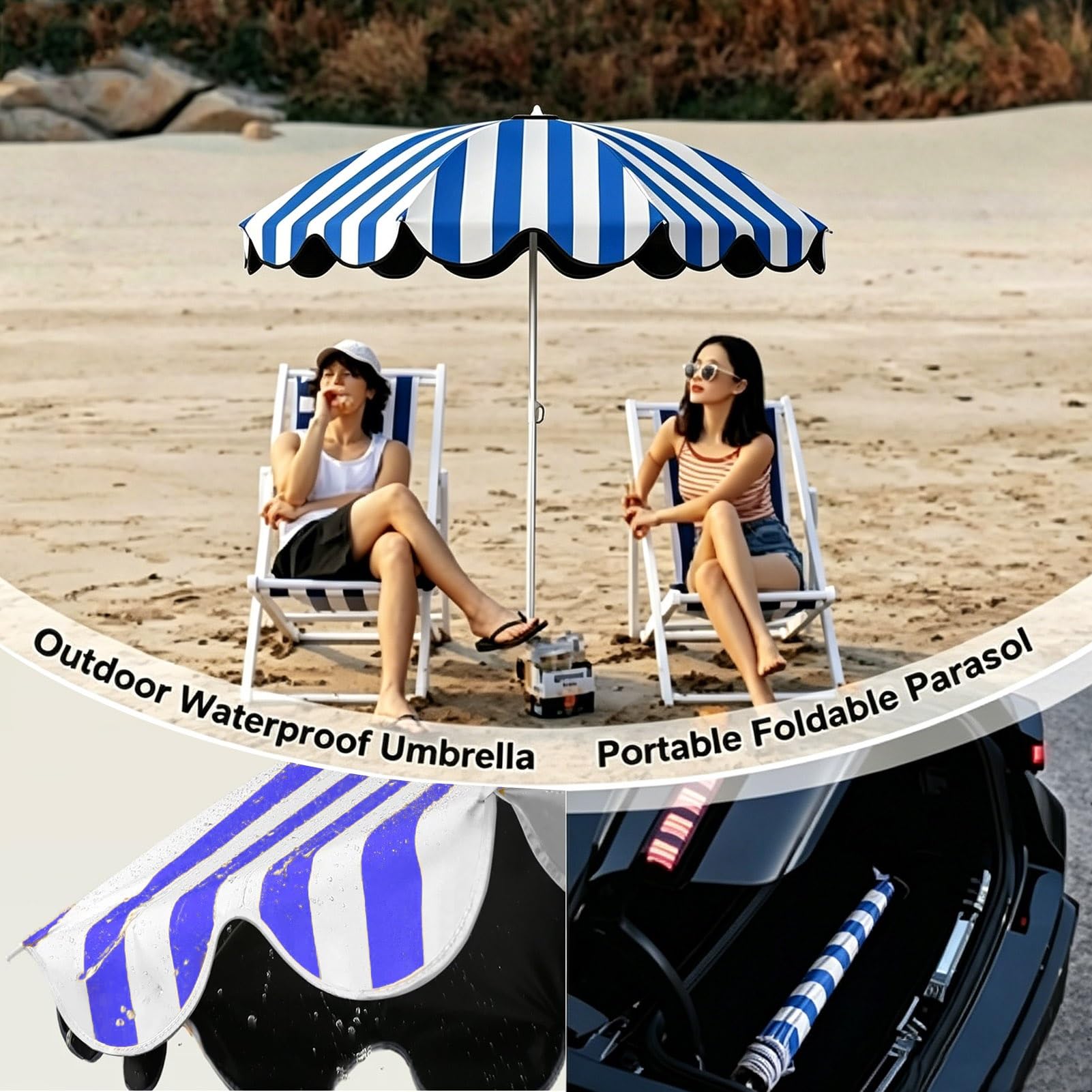 155 Cm Sombrilla de Playa Parasol con Altura Ajustable, UPF 50 + toldo Resistente al Agua, Sombra de Sol portátil de Rayas Azules con Bolsa de Transporte para balcón de jardín al Aire Libre