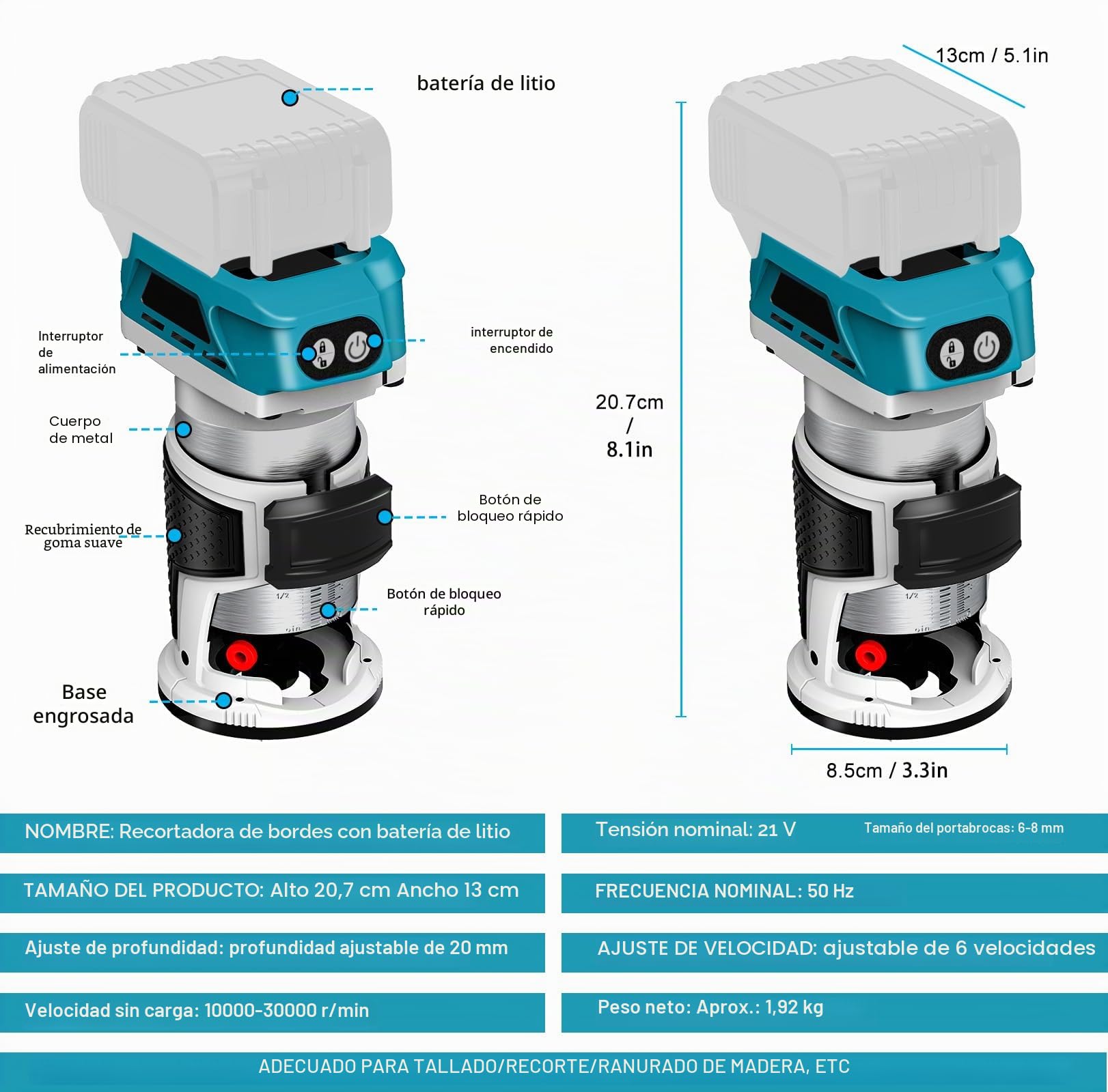 Router inalámbrico compatible con batería Makita 18 V (sin bateríe), recortadora de madera 800 W 6 velocidades, guía recta, rueda guía, 15 brocas fresado, conducto de polvo