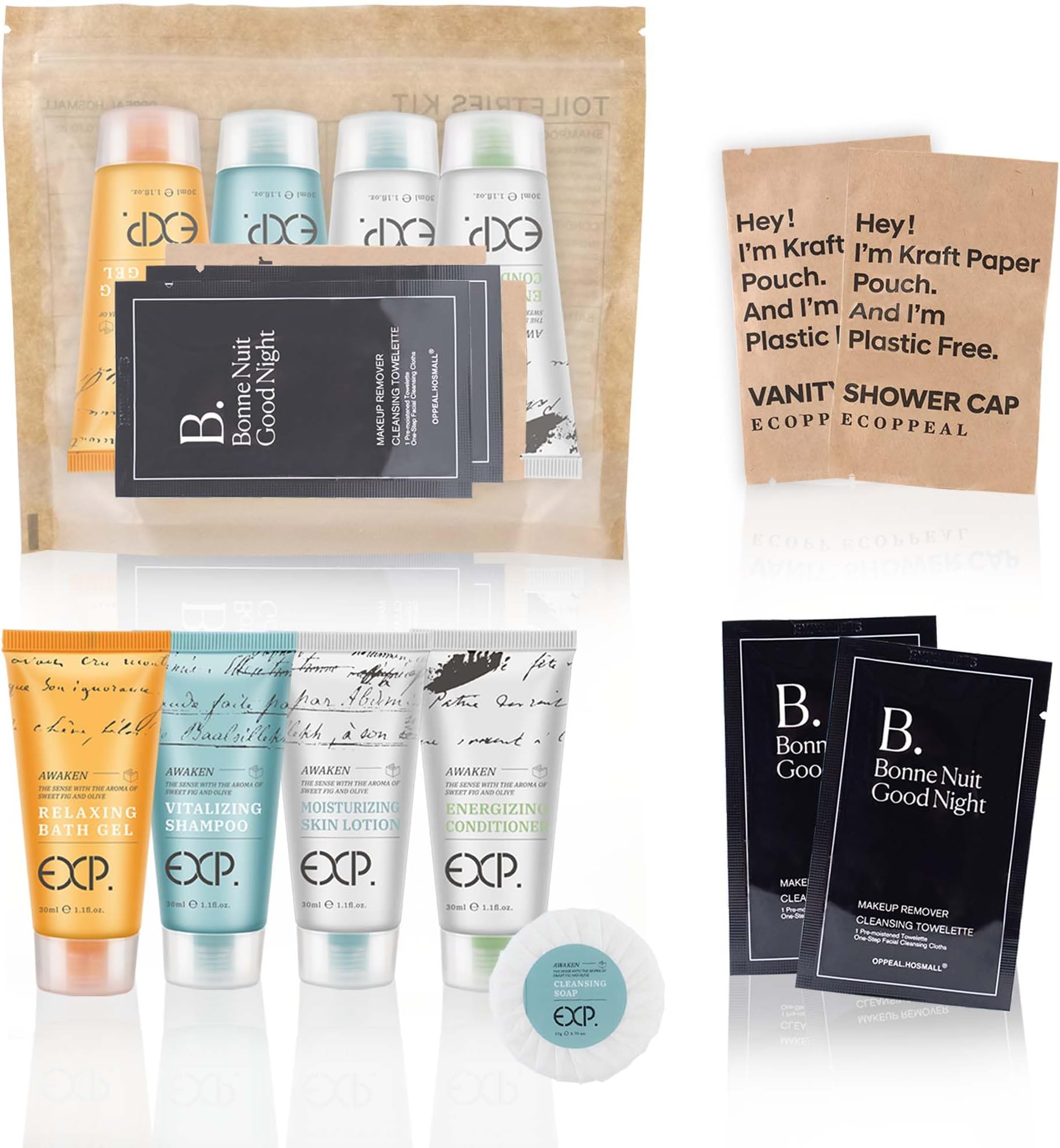 Guestsupply Kits 8-Piece with Travel Size TSA Compliant Essentials, Featuring: Shampoo Conditioner Shower Gel Body Lotion Soap bar Shower Cap Makeup Removers in Sealable Bag. 30 Disposable Toiletries.