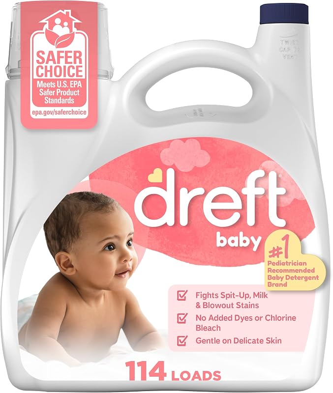 Detergente líquido para ropa Dreft Baby, jabón para ropa suave para pieles sensibles, 150 onzas líquidas, 114 cargas (el embalaje puede variar)