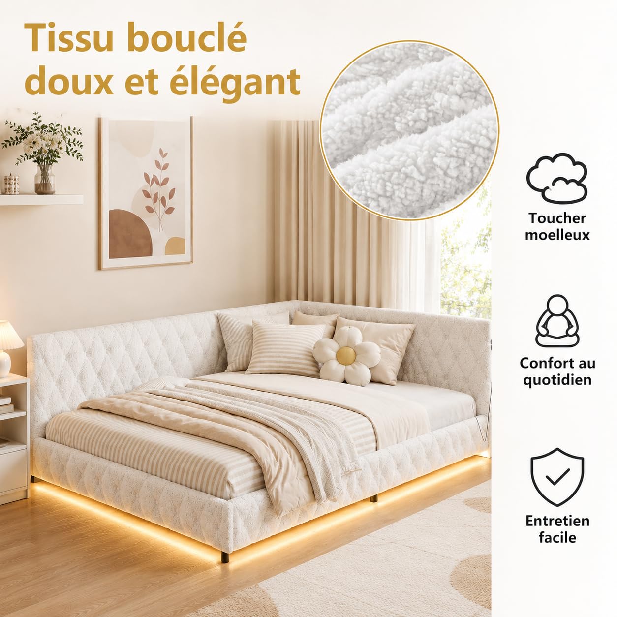 Kinderbett Polsterbett 140x200,Einzelbett Multifunktionsbett mit LED-Beleuchtung und USB-Aufladung,Jugendbett 140x200 mit Led,Bettgestell mit Lattenrost,Ohne Matratze,Teddy Velvet