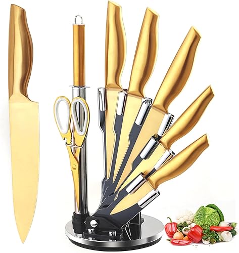 Juego de cuchillos dorados, 8 unidades, acero inoxidable de titanio dorado, aptos para lavavajillas, con soporte para cuchillos acrílico, juego de