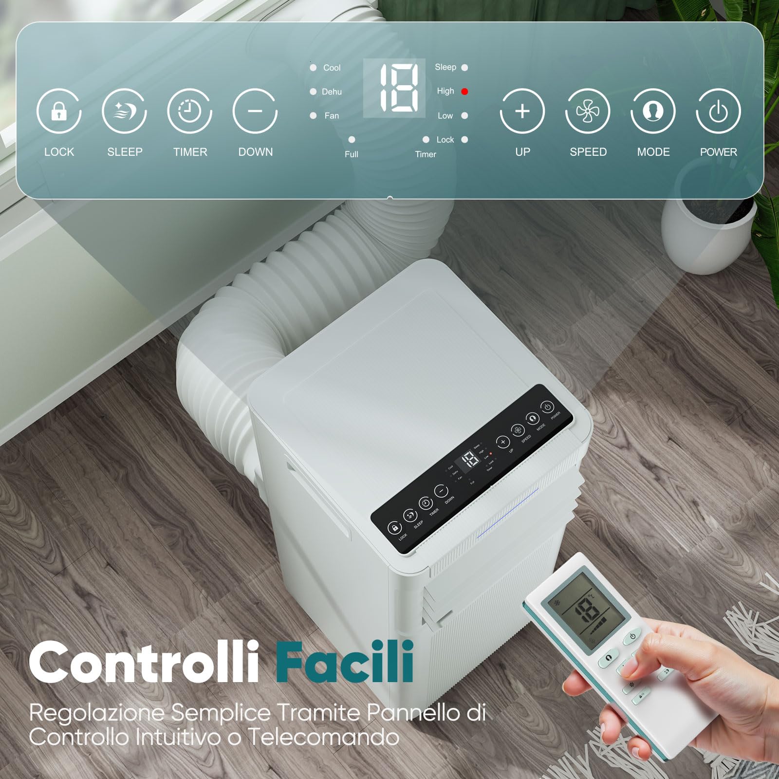 Condizionatore Portatile 9000 BTU con Deumidificatore 4 in 1, Ventilatore di Raffreddamento a 2 Velocità, Display Digitale e Telecomando, Kit Finestra, Timer 24 Ore Per Stanze Fino a 25 m²/78m³