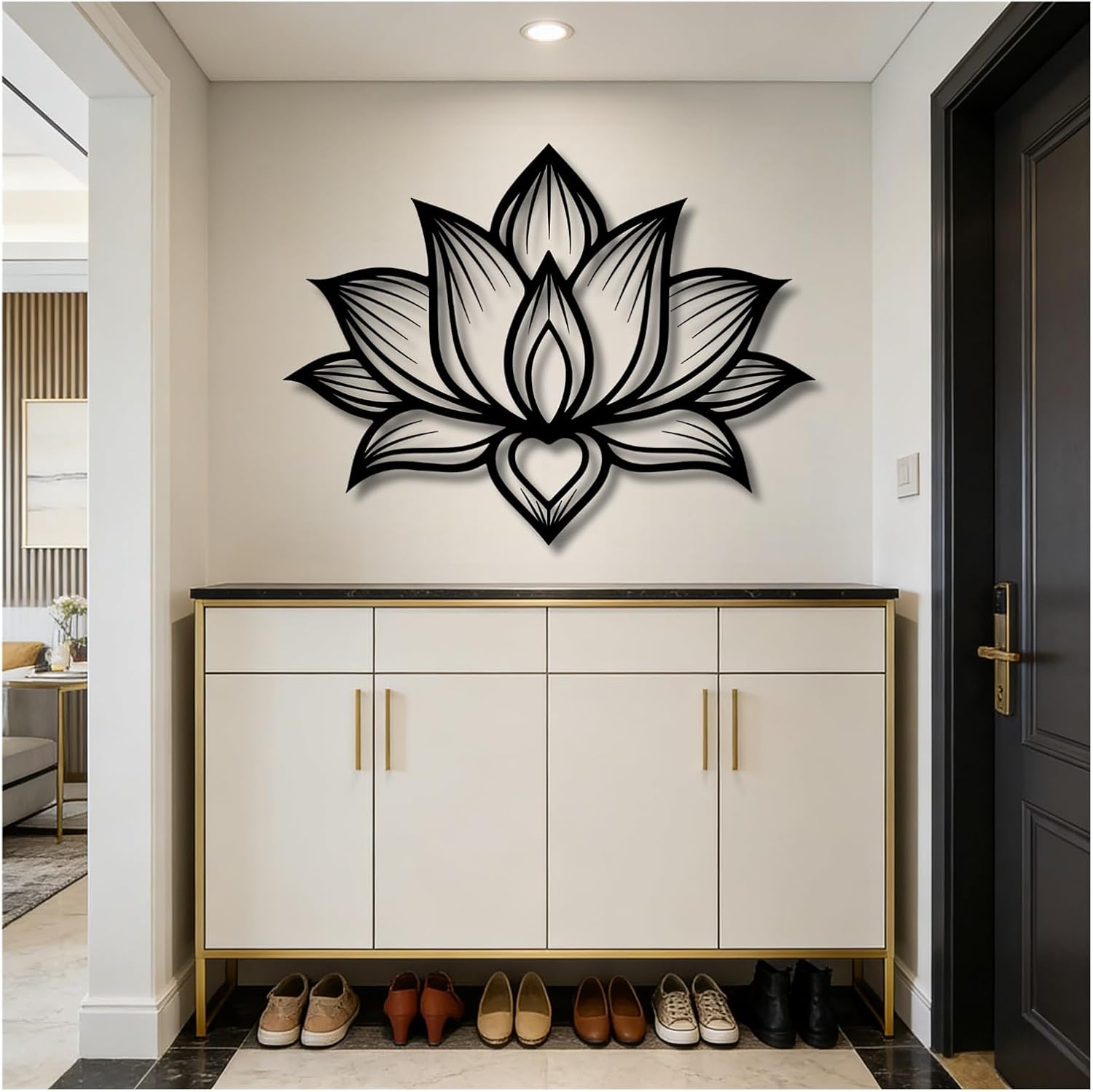 Lotus Flower Metal Wall Art,Flower Wall Decor Hanging Hollow Out Lotus,Silhouette Ornament For Yoga Studio Indoor Outdoor Home Office Bedroom Decoration(Black,28x21in/70x53cm)