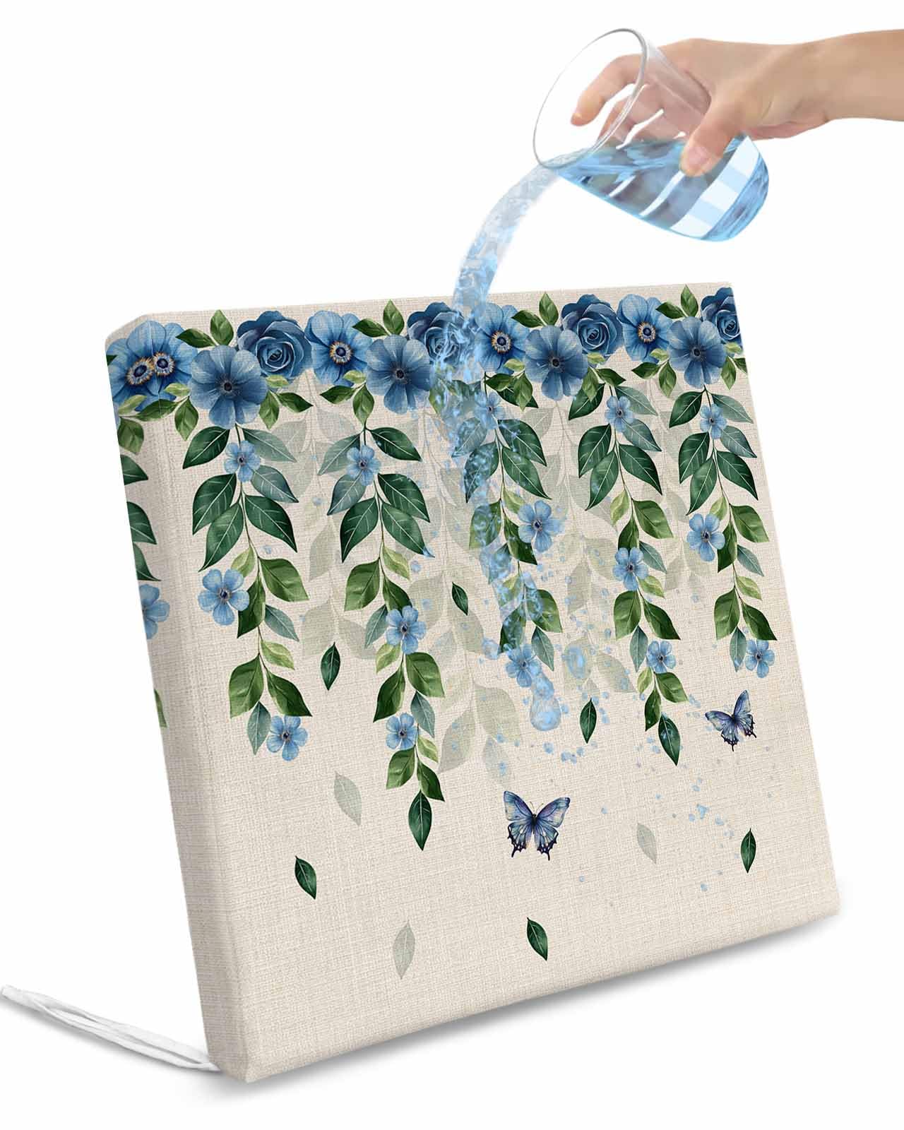 2 Pack Blue Floral Spring Waterproof Cushion Covers with Ties, Outdoor Patio Chaise Lounge Chair Seat Cushion Slip Covers Replacement(Only Cover) Summer Rustic Botanical Burlap 24