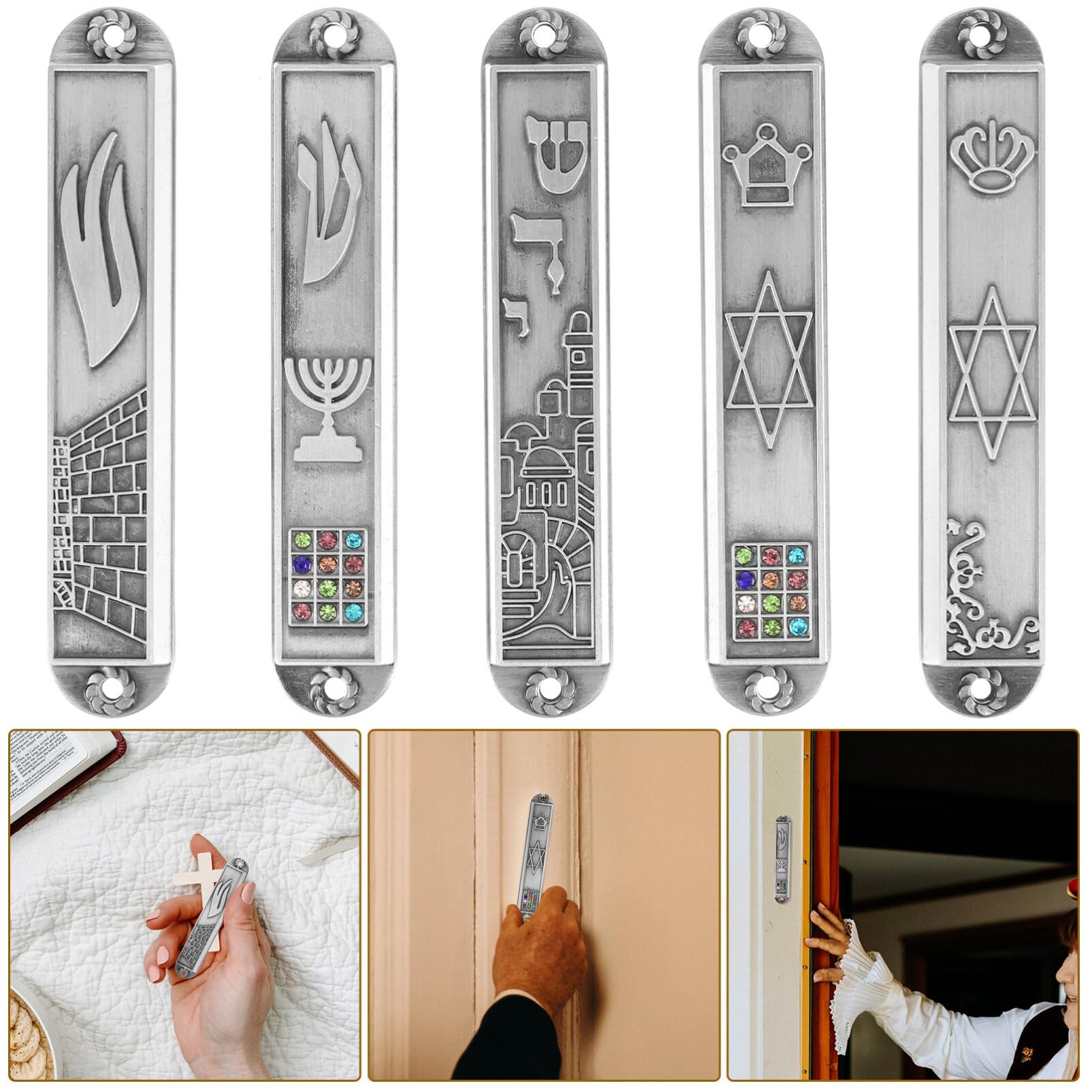 Mezuzah with Scroll for Door, 5pcs Jewish Mitzvah Door Mezuzah Case Metal Mezuza Plaque, Hannukah for Outside Door, House Warming Blessing