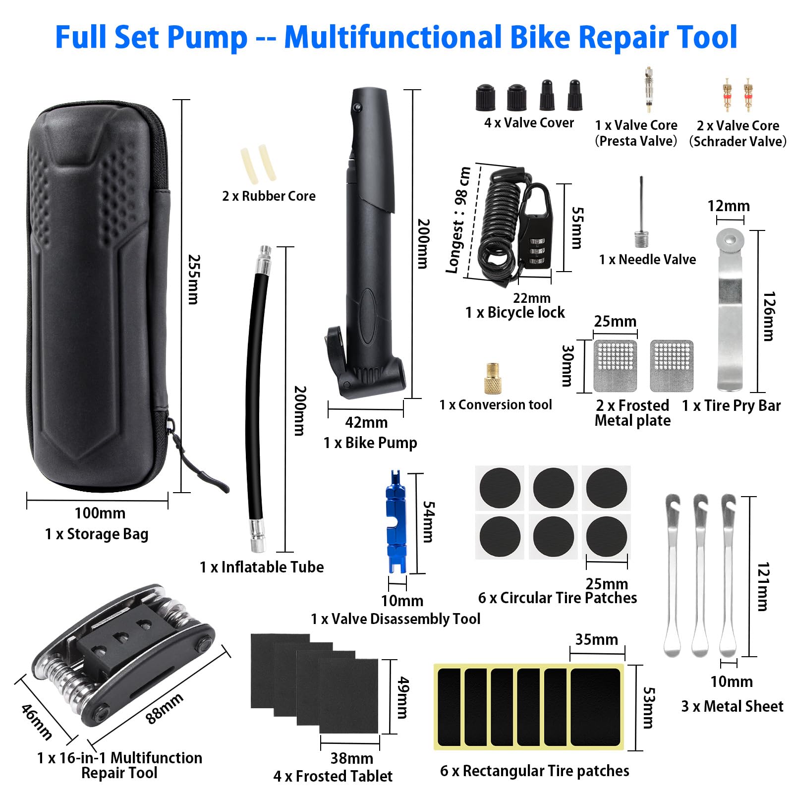 38PCs Kit Riparazione Pneumatici Bici Ninonly Kit Riparazione Bici con 120PSI Mini Pompa d'Aria e 16 in 1 Attrezzo Multifunzione da Bici per l'uso in Situazioni di Emergenza Durante i Viaggi a Lunga