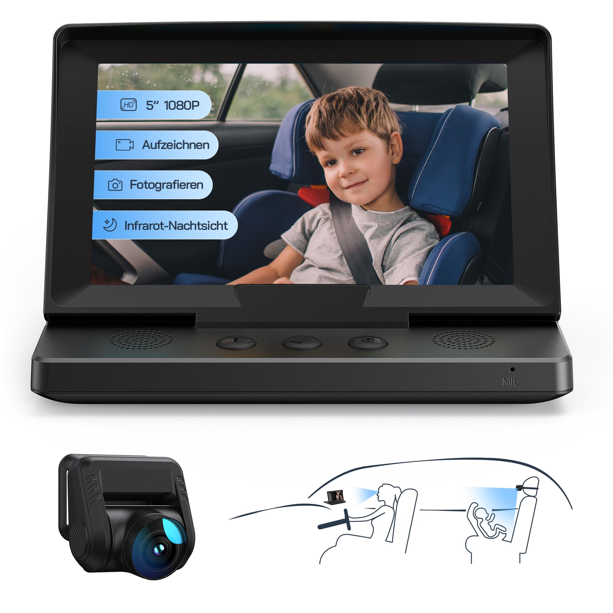 WOLFANG 1080P Baby-Autokamera: USB-C Plug-and-Play, einfache Einrichtung, 5-Zoll-Bildschirm fürs Auto-Babyphone mit Nachtsichtkamera, breite, klare Sicht für den Rücksitz