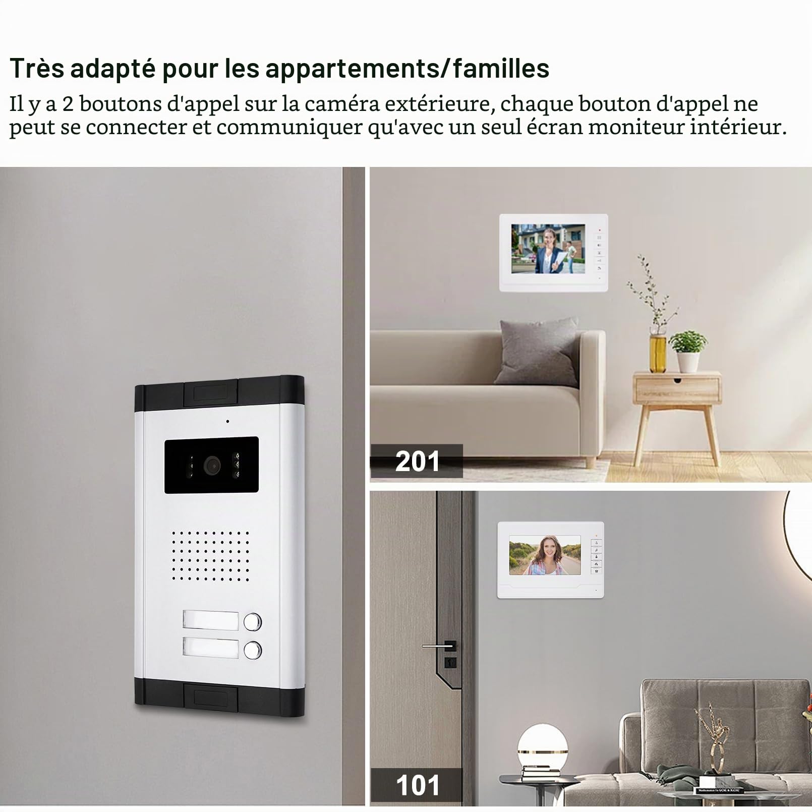 uoweky 7 '' Interphone Vidéo Couleur Filaire Couleur Système de Porte IR Caméra de Vision Nocturne + écrans de Contrôle Intérieur pour 2/3 Appartements (2 Moniteurs)