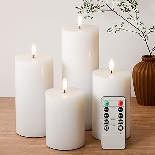 White Flameless Pillar Candles, Battery Operated Wax Candles with Remote...