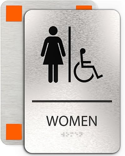 Miniatura 12 de ADASigns - Letrero unisex para baño, aluminio cepillado duradero de 6 x 9 pulgadas con Braille, fácil instalación con cinta adhesiva fuerte, Baño