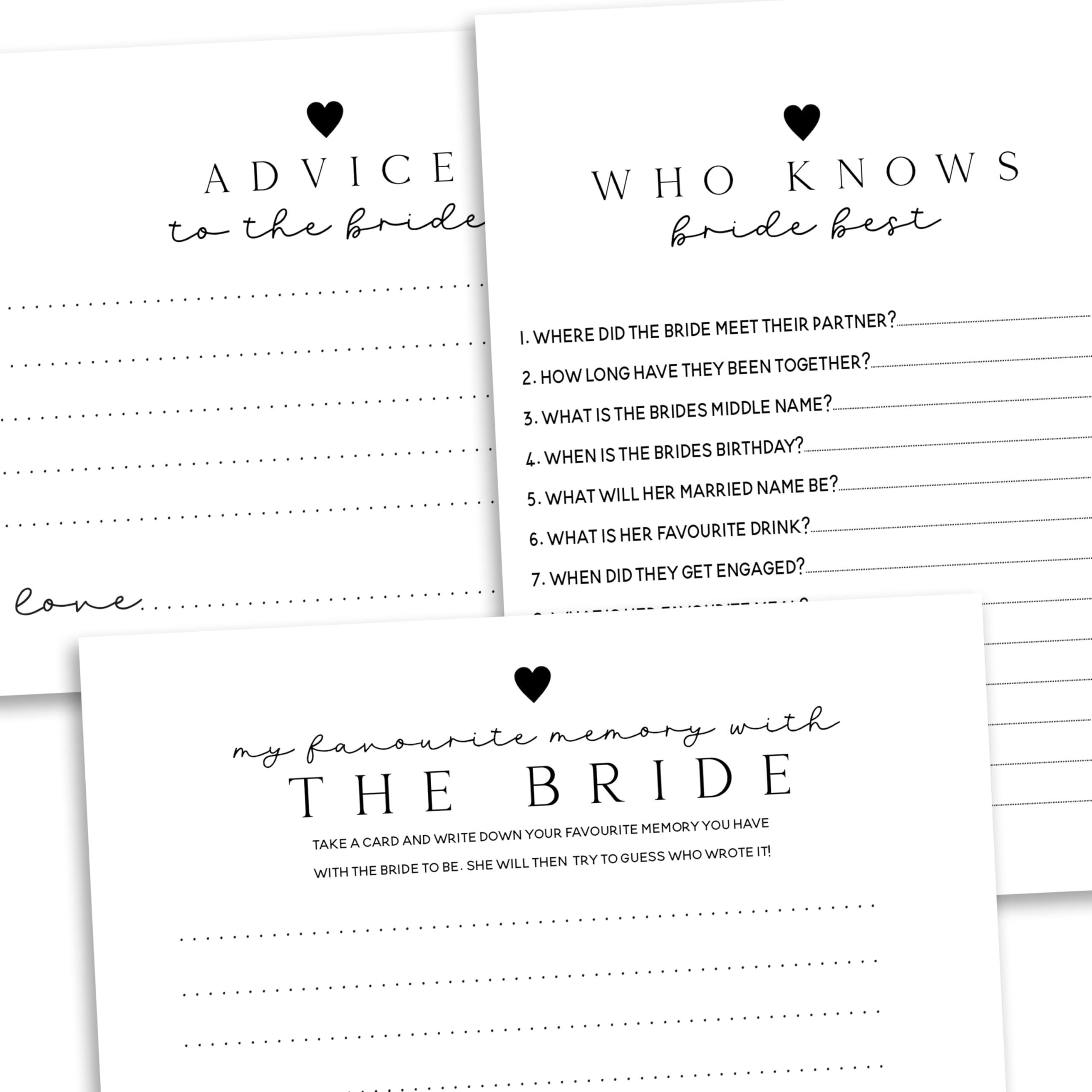 Hen Party Game Cards, Advice to the Bride, Who Knows Bride Best, Favourite Memory, Black and White, A6 10 of Each