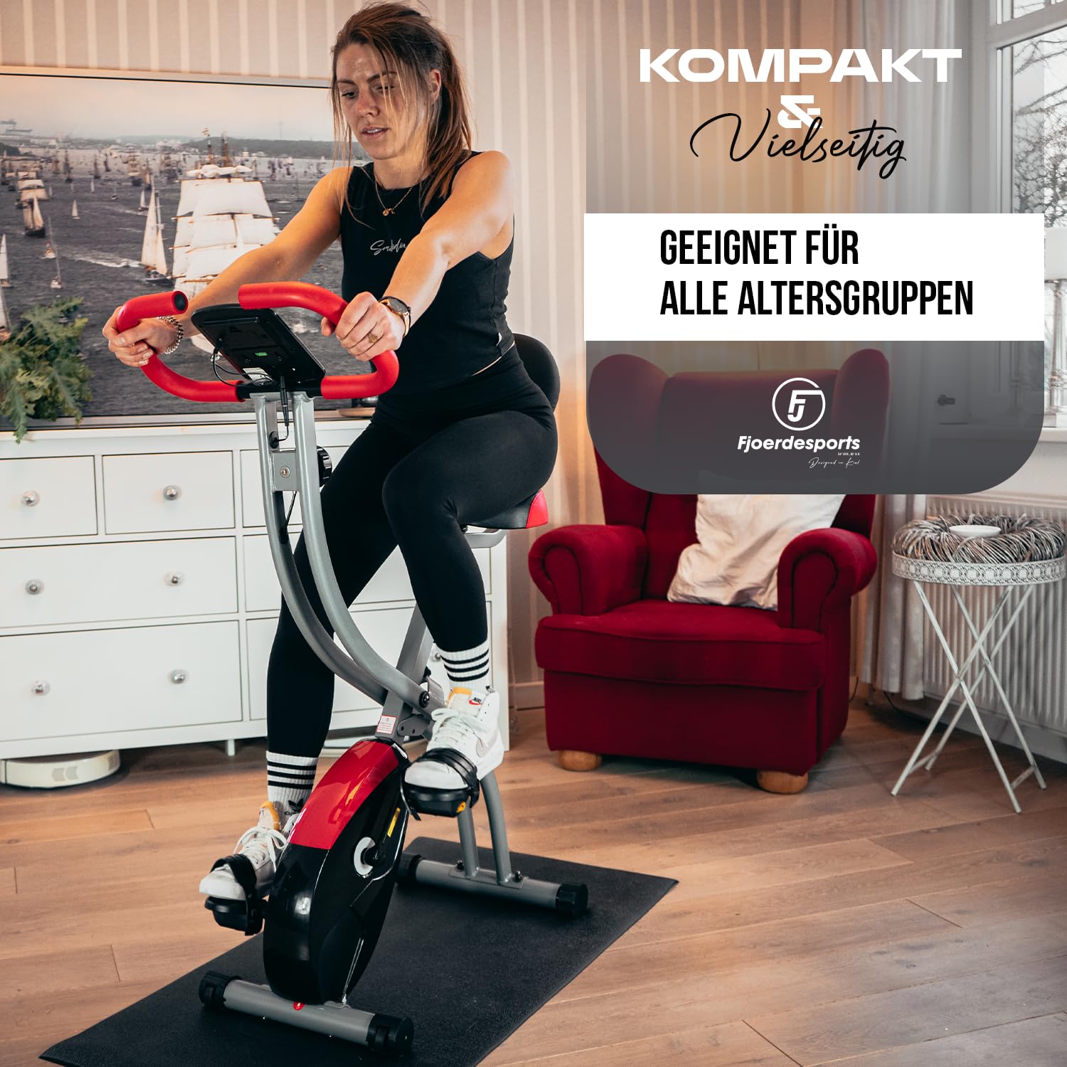 Senioren Heimtrainer, faltbarer Fahrradtrainer, Heimtrainer, Fitnessfahrrad LCD Trainingscomputer, klappbarer Hometrainer, inklusive Pulsmessung, 8 Widerstandsstufen