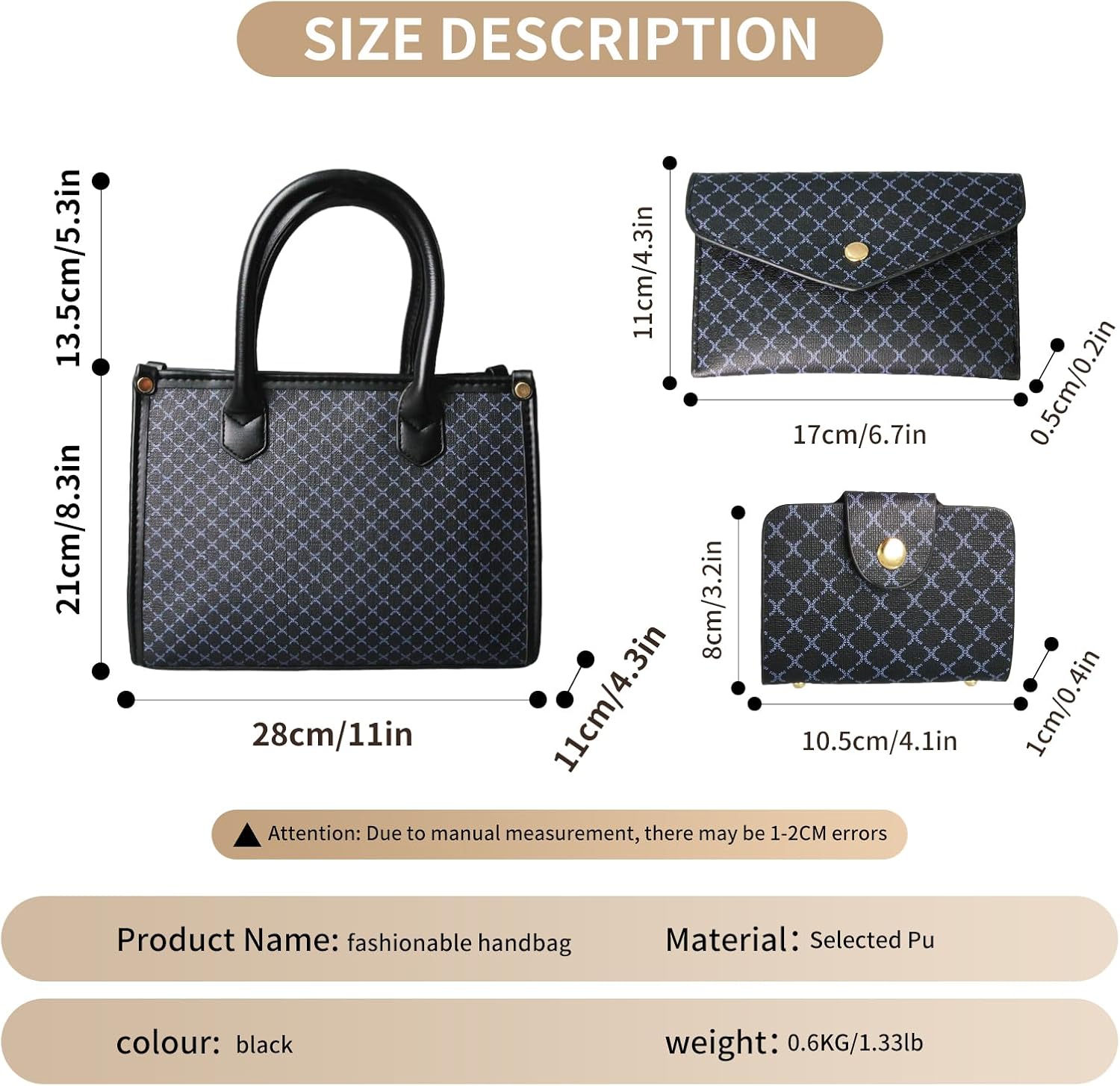 3pcs Purses and Handbags Set for Women, Top-Handle Tote, Satchel Shoulder Bag & Matching Wallet and Card Purse - Image 3