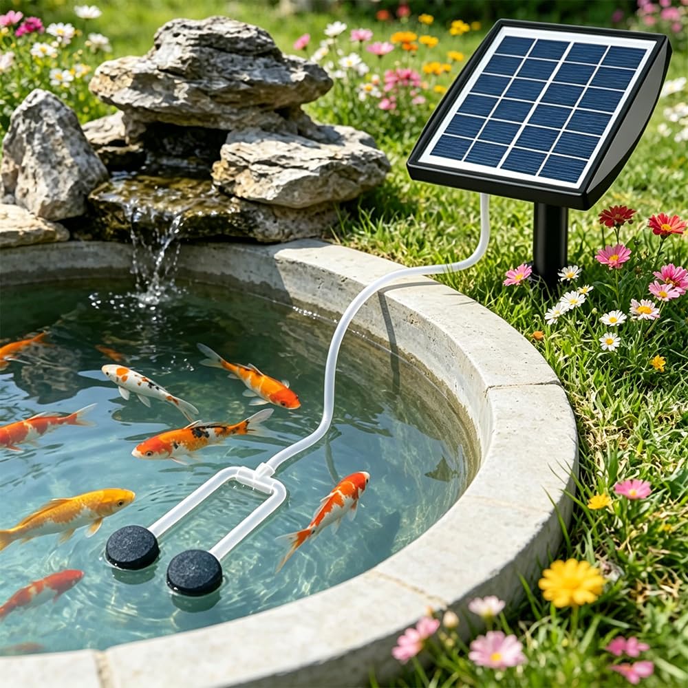 Solar Teichbelüfter, Solar Luftpumpe mit 2 Blasensteinen, IP64 Wasserdichter Sauerstoffgeber für Teich, Aquarium, Hydrokultur, Fischtank, Wasserbrunnen, Garten