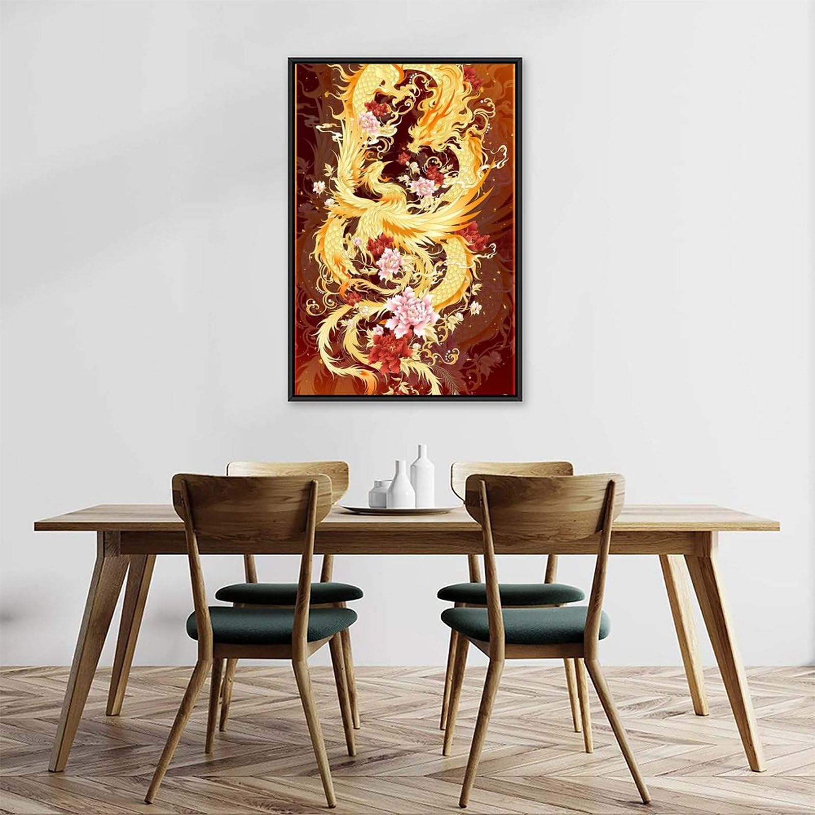 Amazon.co.jp: 絵画 龍と鳳凰が吉兆を演出インテリア 絵画 黄金の龍と