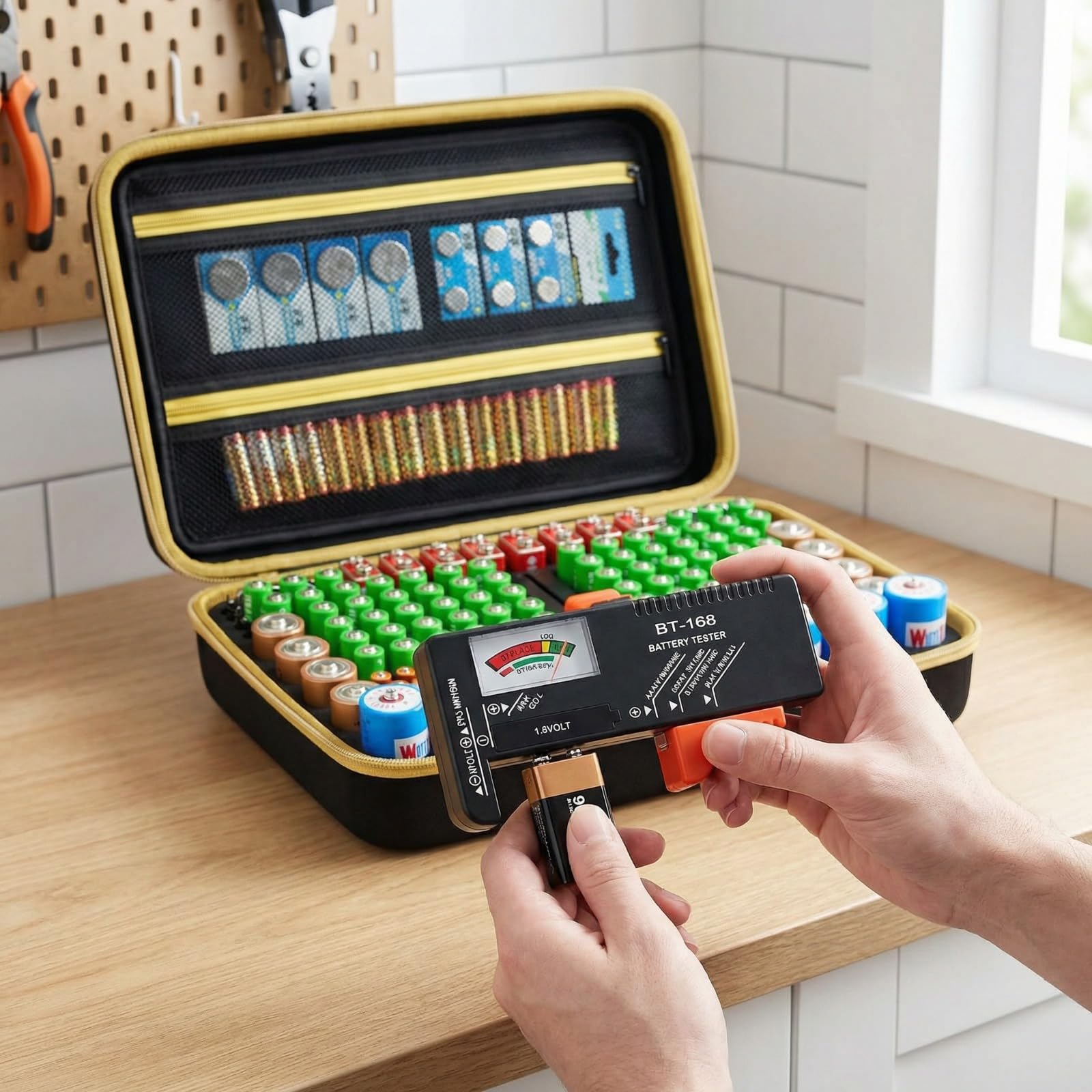 Boobowl Batterie Aufbewahrungsbox Tragetasche, Batteriebox Organizer Tasche mit Batterietester Hält bis zu 162 Batterien Varietätspackungen AA AAA AAAA C D 9 V 3 V Lithium (nur Box)