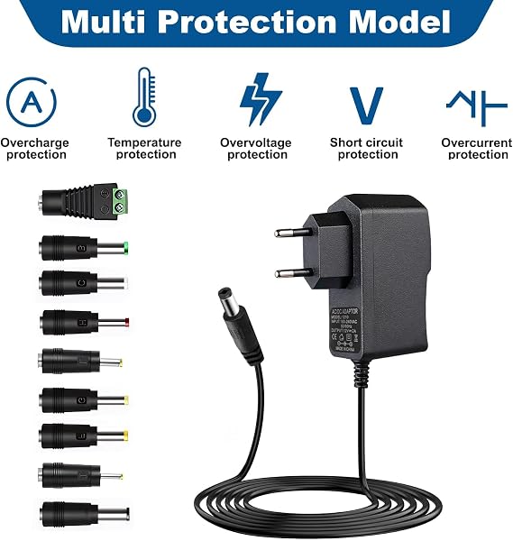 Fuente de Alimentación Universal 12V 2A, AC DC Adaptador con 9 DC Enchufes, Power Supply 100-240V 50/60Hz, Cargador DC 5.5mm X 2.1mm para Tiras LED Cámara CCTV Router WLAN Ventilador Caso Caja de TV - 5