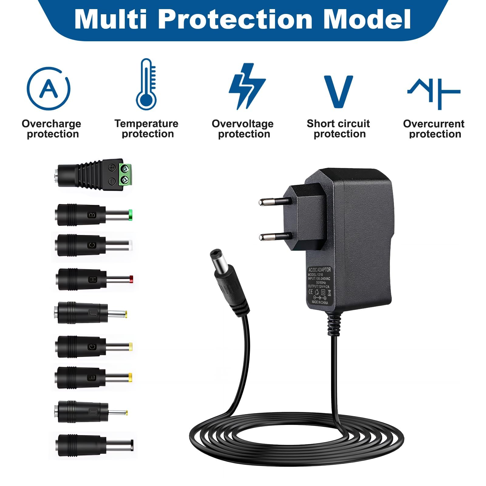 Fuente de Alimentación Universal 12V 2A, AC DC Adaptador con 9 DC Enchufes, Power Supply 100-240V 50/60Hz, Cargador DC 5.5mm X 2.1mm para Tiras LED Cámara CCTV Router WLAN Ventilador Caso Caja de TV — view 5