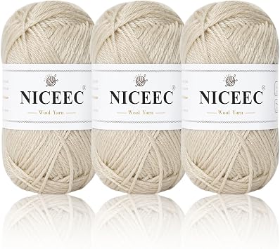 NICEEC 3 Skeins Soft Wool Yarn Glossy Wool Blend Yarn for Crochet Knitting Sport Weight Yarn for DIY Craft Spun Wool Yarn350g/3110yds-Beige