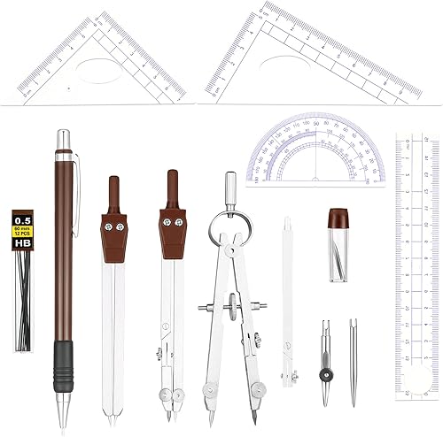 Miniatura 5 de Outus Juego de 13 piezas de geometría para estudiantes, brújula transportadora de matemáticas con reglas, lápiz mecánico, recambios de plomo, caja