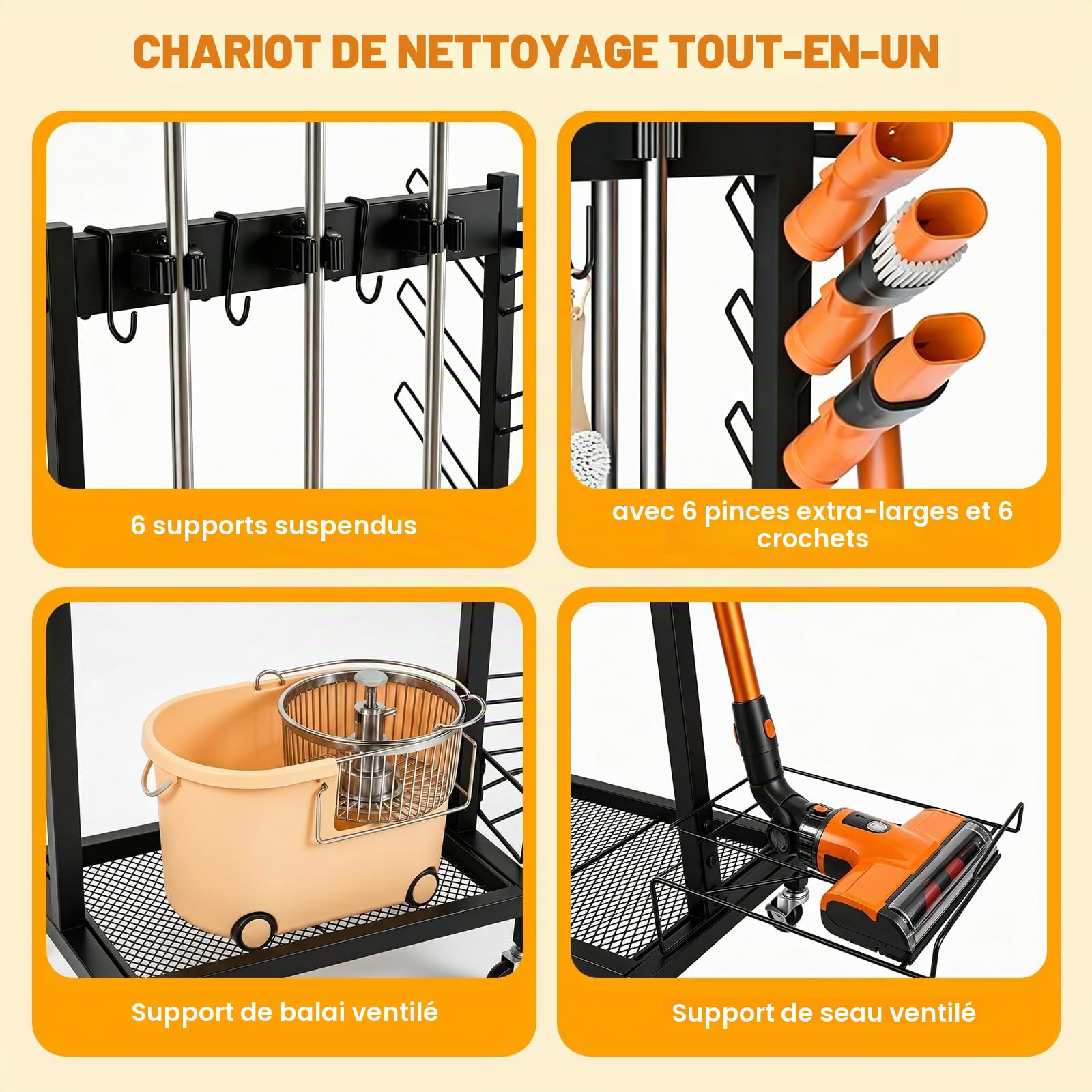 Chariot de Nettoyage, Porte Balai, avec 4 roulettes, 3 Crochets et 6 Emplacements, pour Outils de Jardin, avec Roue et Crochet, Support pour Outils Jardin, Étagère Rangement Nettoyage Mobile