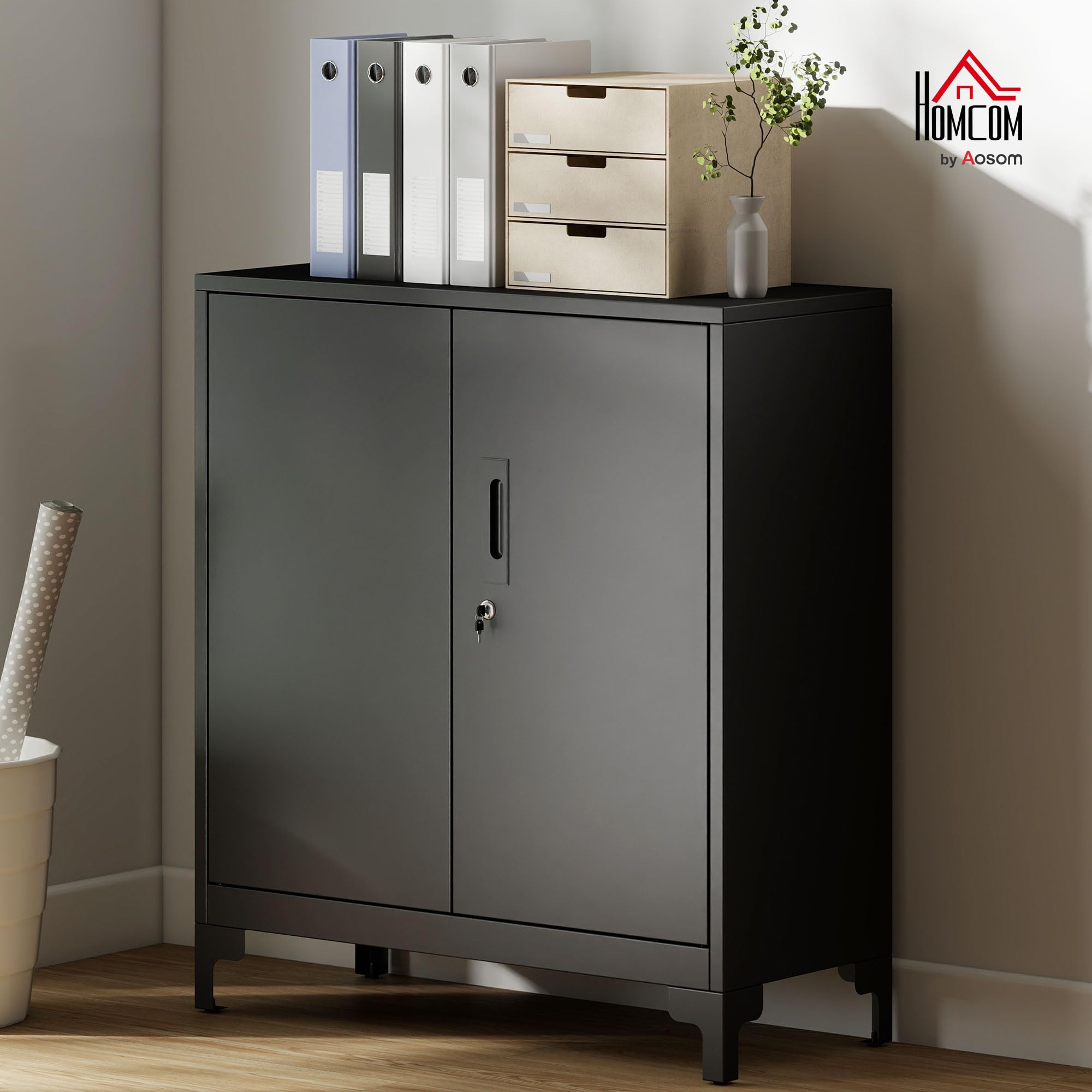 HOMCOM Armoire de Bureau à 2 Niveaux, Meuble de Rangement Bureau métallique avec 2 Portes verrouillables, Armoire à dossiers pour Domicile, Garage, 80 x 35 x 91 cm, Noir