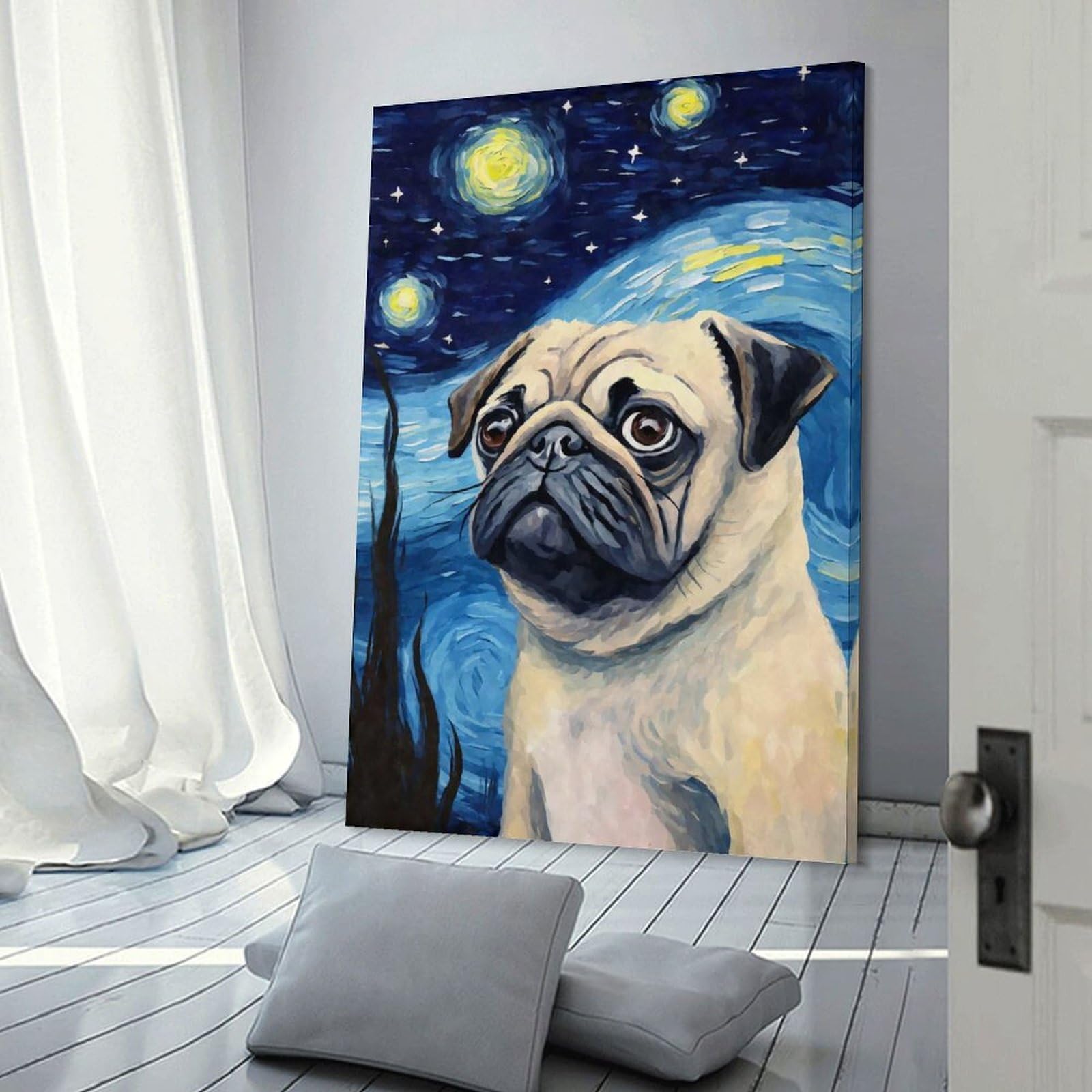 Junmoney Frame-Style-15-1 Pug Dog Starry Night Decorative Wall Artwork, 20X30inch(50X75cm), For Home Lounge, Bedroom Or Reading Nook, Eye Catching Artwork For Blank Walls