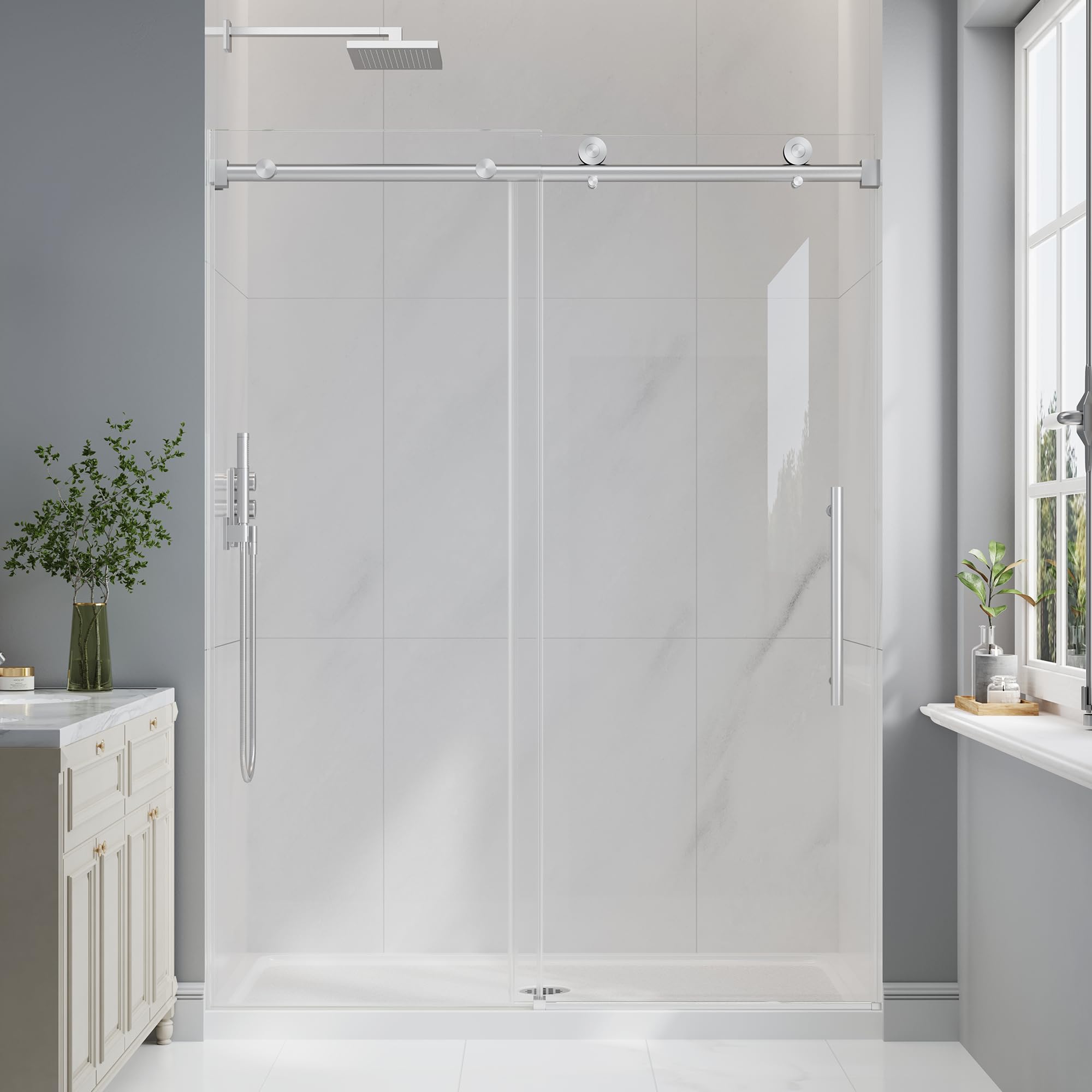 frameless glass shower door, 55-60" w x 76" h sliding frameless shower door, 1/4''(6mm) sgcc tempered glass, explosion-proof film nano coating, stainless steel hardware, brushed nickel