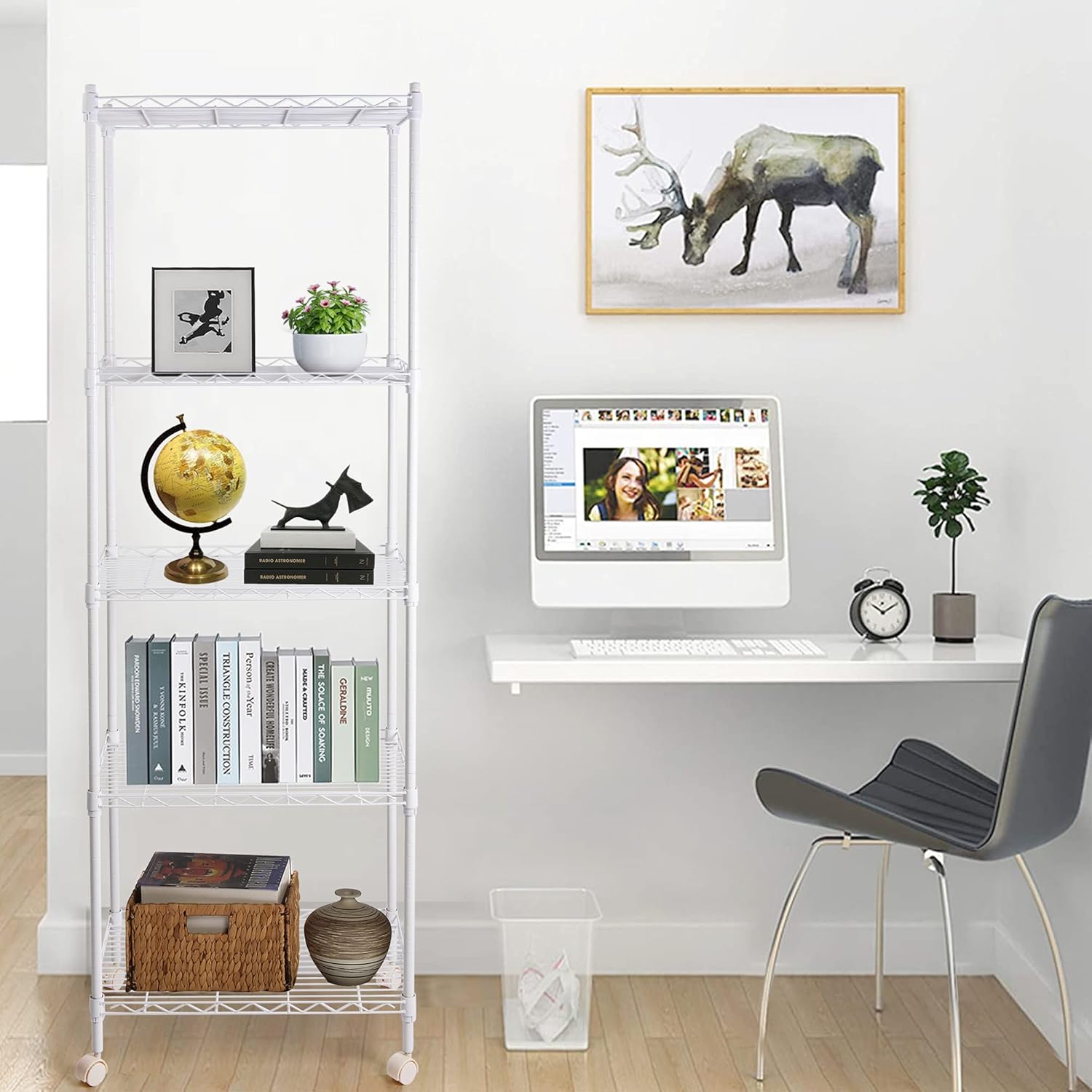 Wire Shelving Unit with Wheels, 5-Tier Heavy Duty Height Adjustable Rolling Metal Shelves for Storage, 550 lbs Capacity, 23.23''W X 13.4''D X 71''H, White