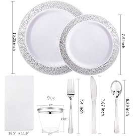 WELLIFE 175Pcs Silver Dinnerware Sets, Include:25 Dinner Plates, 25 Dessert Plates, 25 Paper Napkins, 25 Cups, 75 Silver Silverware Set for Party and Weddings