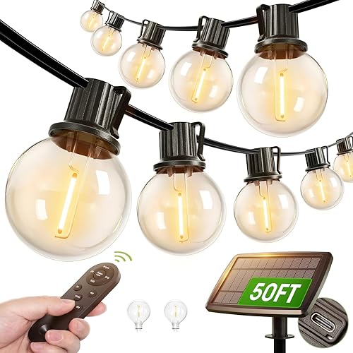 addlon Tira de luces solares de 50 pies para exteriores, impermeable, con control remoto, luces solares de globo G40 para patio con 27 bombillas LED