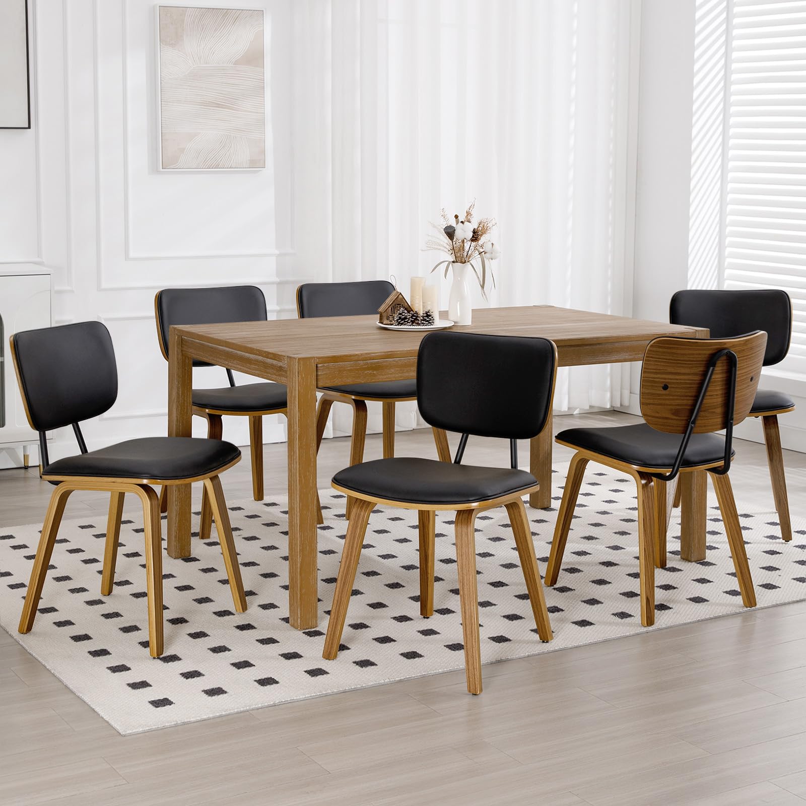 Esszimmerstühle 2er Set aus Bugholz, Gepolstert mit Kunstleder, 48 cm Sitzhöhe, Geschwungene Rückenlehne & Formholz Beine, Bequem & Stabil bis 150 kg Skandinavisches Design für Esszimmer Küche Schwarz