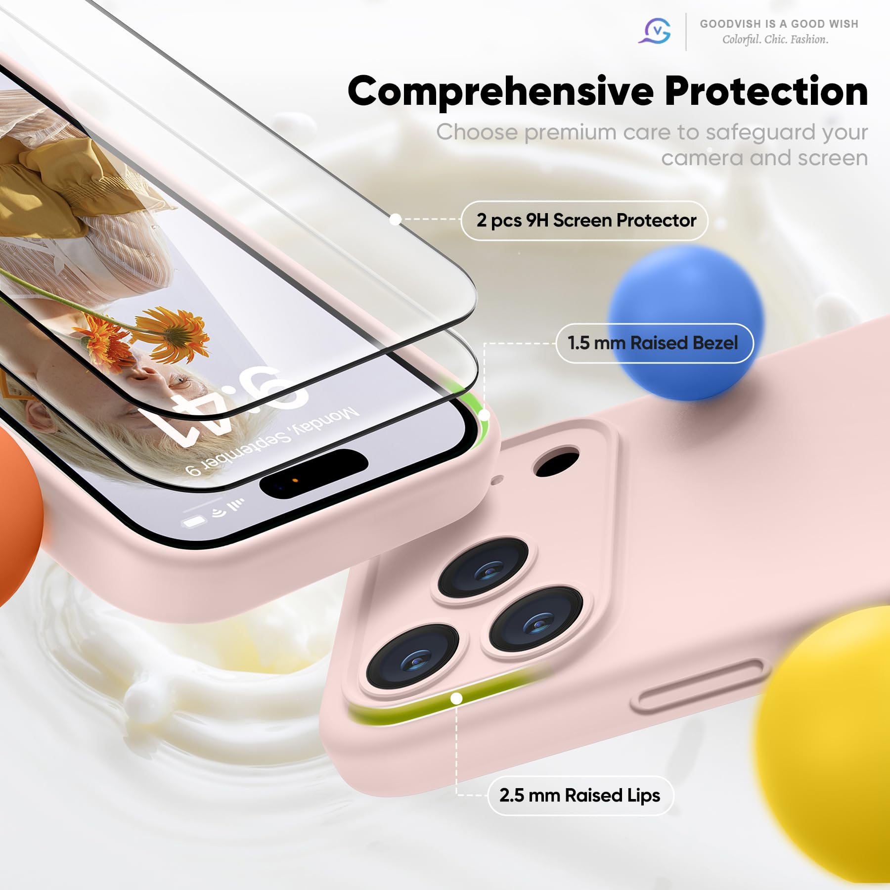GOODVISH Silicone Cover per iPhone 17 Pro 6.3", Custodia con 2x Vetro Temperato [Pulsante Controllo Fotocamera] 360° Protezione Anticaduta Case per Cellulare Antiurto Resistente, Rosa Sabbia