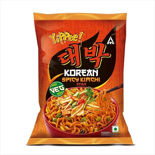 Sunfeast YiPPee! Korean Spicy Kimchi Style, Veg Korean Noodles, Long Non-Sticky Noodles with 5 Added Vegetables, 75g
