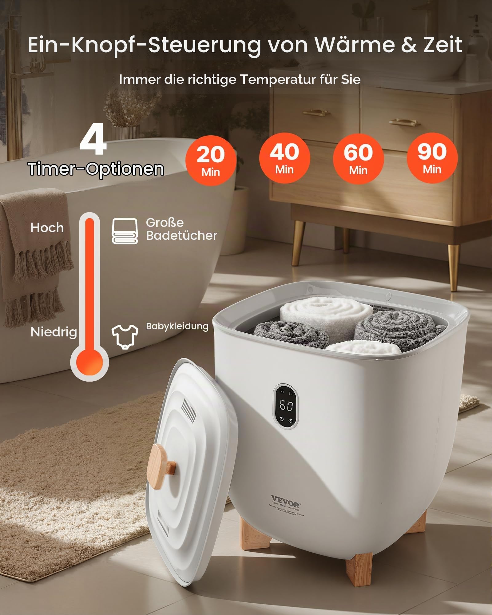 VEVOR Handtuchwärmer Eimer Wärmegerät 25 L mit LED-Anzeige & Einstellung (Timer & Temperatur) & automatischer Abschaltung, Towel Warmer für Badezimmer Waschküche, zum Erwärmen von Handtüchern