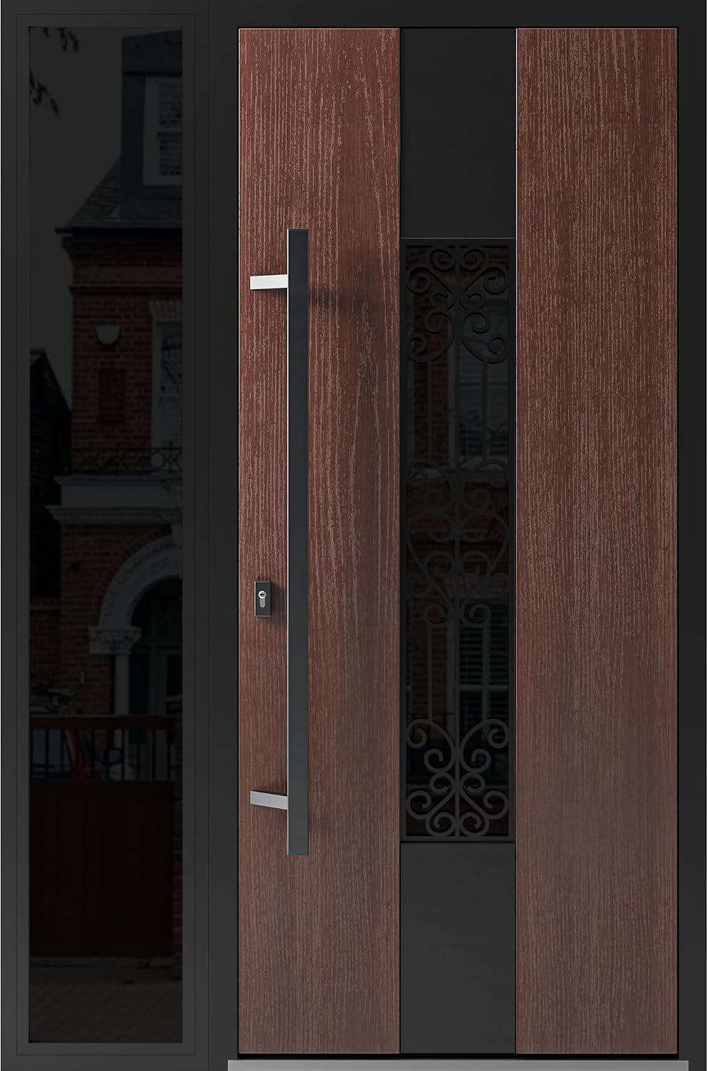 VDOMDOORS Front Exterior Prehung Steel Door/Ronex 1205 Bronze Oak / 2 Side and Top Exterior Window Sidelite/Entry Metal Modern Painted W16+36+16" x H80+16" Left Hand Inswing