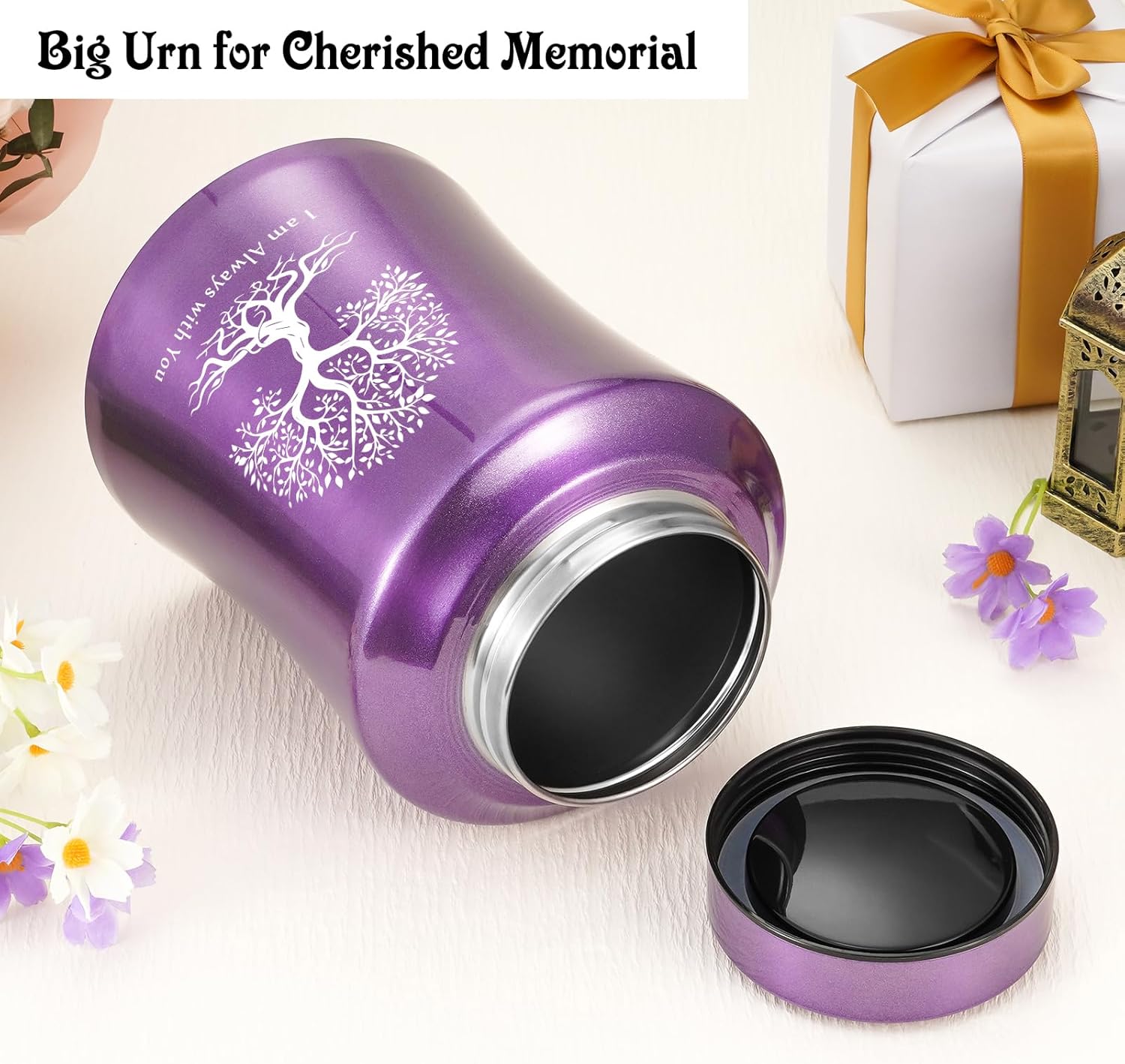 SOITIS Purple Stainless Steel Urn for Ashes - 8.27 Inches Decorative Cremation Urn with Engraved Memorial Design, Adult Keepsake with Velvet Bag, Sympathy Gift for Loved Ones