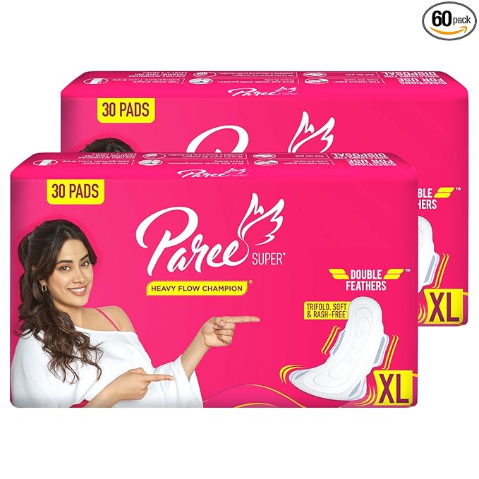 Paree Super Soft Sanitary Pads for Women| XL-30 Pads each (Combo of 2)|With Double Feathers|Trifold Sanitary Pads|Quick Absorbtion|Heavy Flow Champion|With Disposable Covers|Wide Coverage|Gentle Fragrance|Leakage-Proof|Skin Friendly at Rs. 260